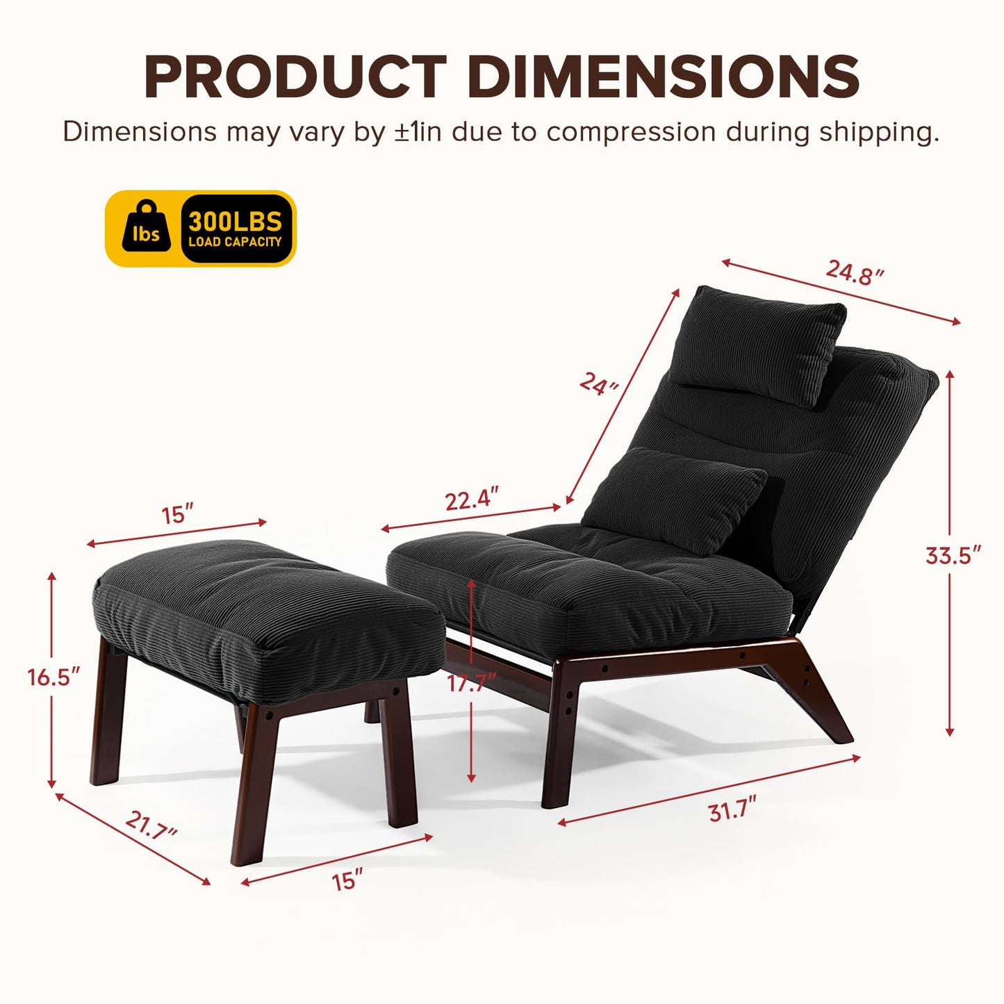 GEMBED Accent Chair with Ottoman Adjustable Backrest, Comfy Lounge Chair Single Sofa with Headrest Lumbar Pillow, Reading Chair with Footrest for Bedroom, Living Room, Dark Grey