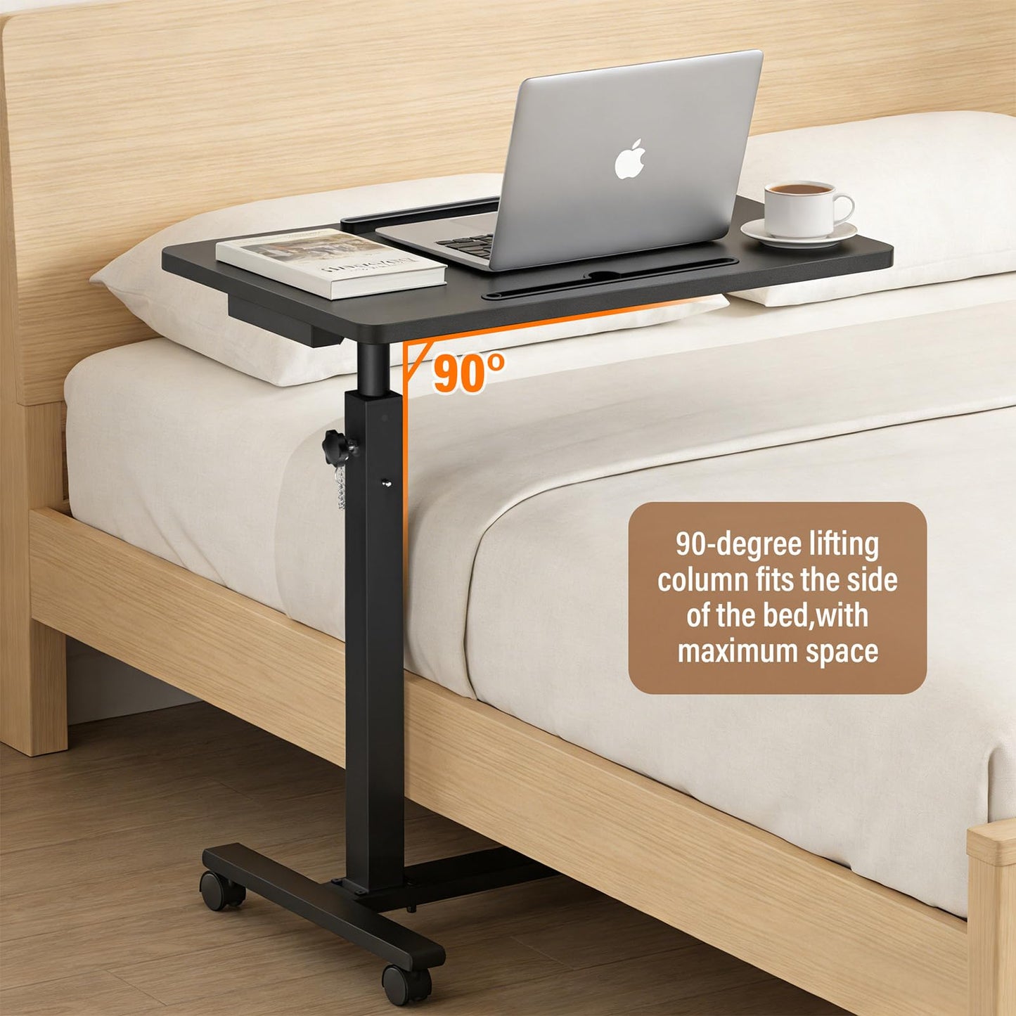 Eocnrhe Adjustable Overbed Bedside Table, Hospital Bed Table with Wheels, Portable Rolling Desk, Mobile Small Standing Desk, Rolling Laptop Stand, Computer Cart