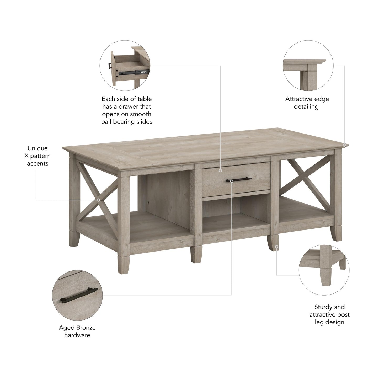 Bush Home Key West Coffee Table with Storage in Washed Gray