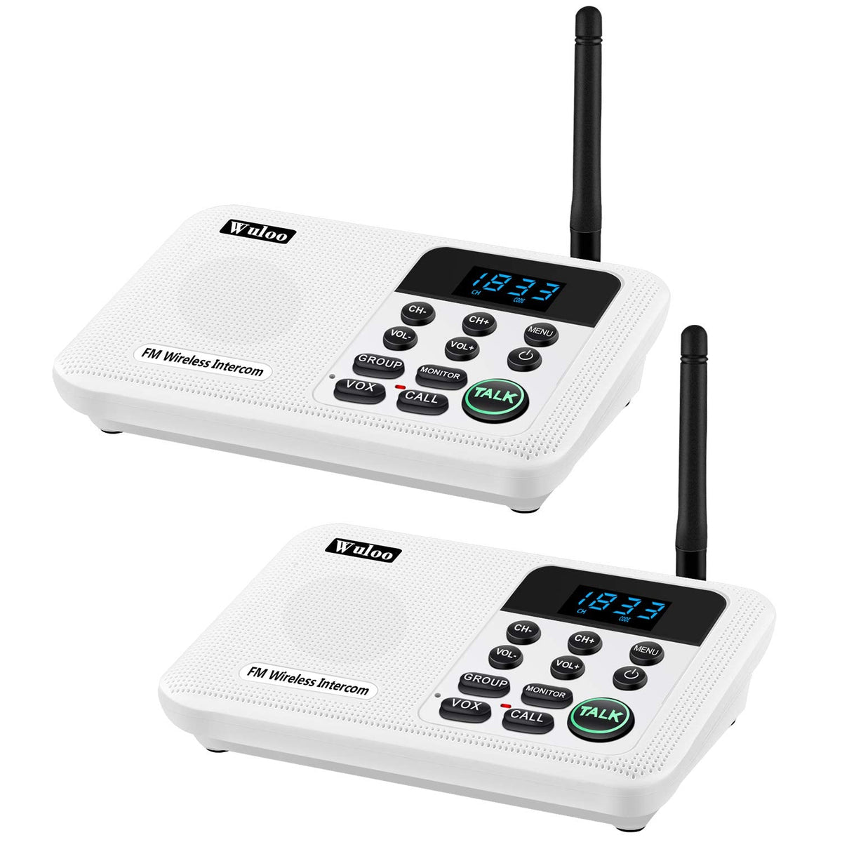 Wuloo Intercoms Wireless for Home 1 Mile Range 22 Channel 100 Digital Code Display Screen, Wireless Intercom System for Home House Business Office, Room to Room Intercom Communication(2Station, White)