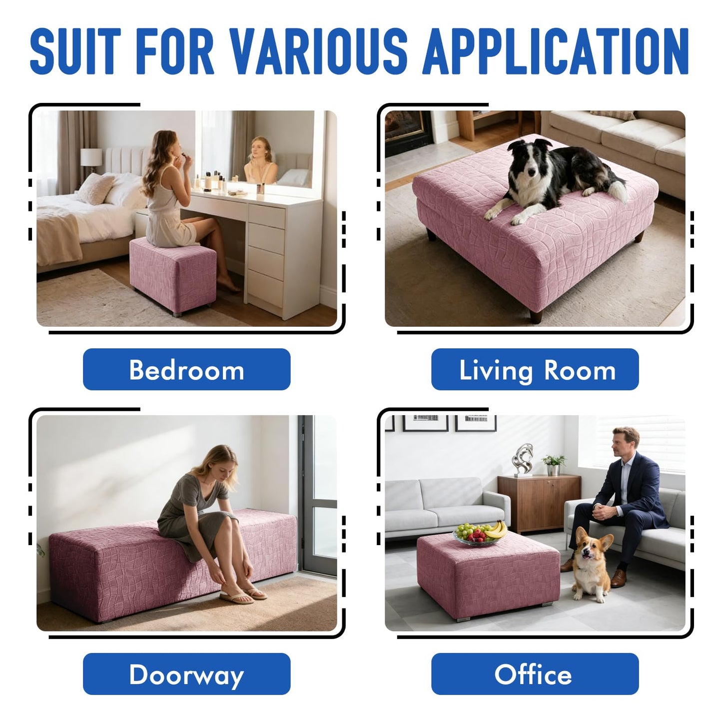 MAXIJIN Waterproof Ottoman Cover Rectangle Stretch Ottoman Slipcovers Square Thick Stool Covers Storage Footrest Furniture Protector with Non-Slip Elastic Bottom (Small, Dusty Pink)