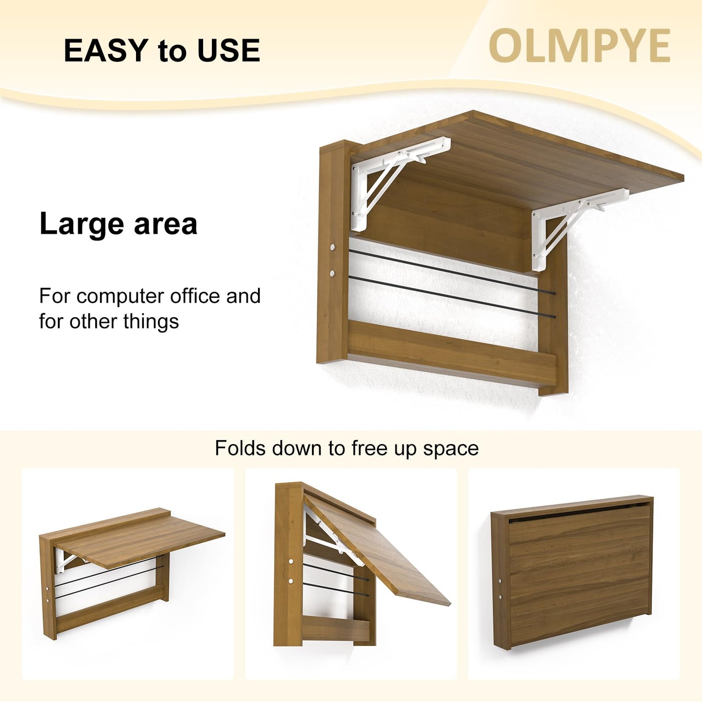 OLMPYE Wall Mounted Folding Table,Wooden Mounted Desk with Iron Bracket,Small Space Solutions,Floating Workbench Desk for Laundry Room, Room, Study