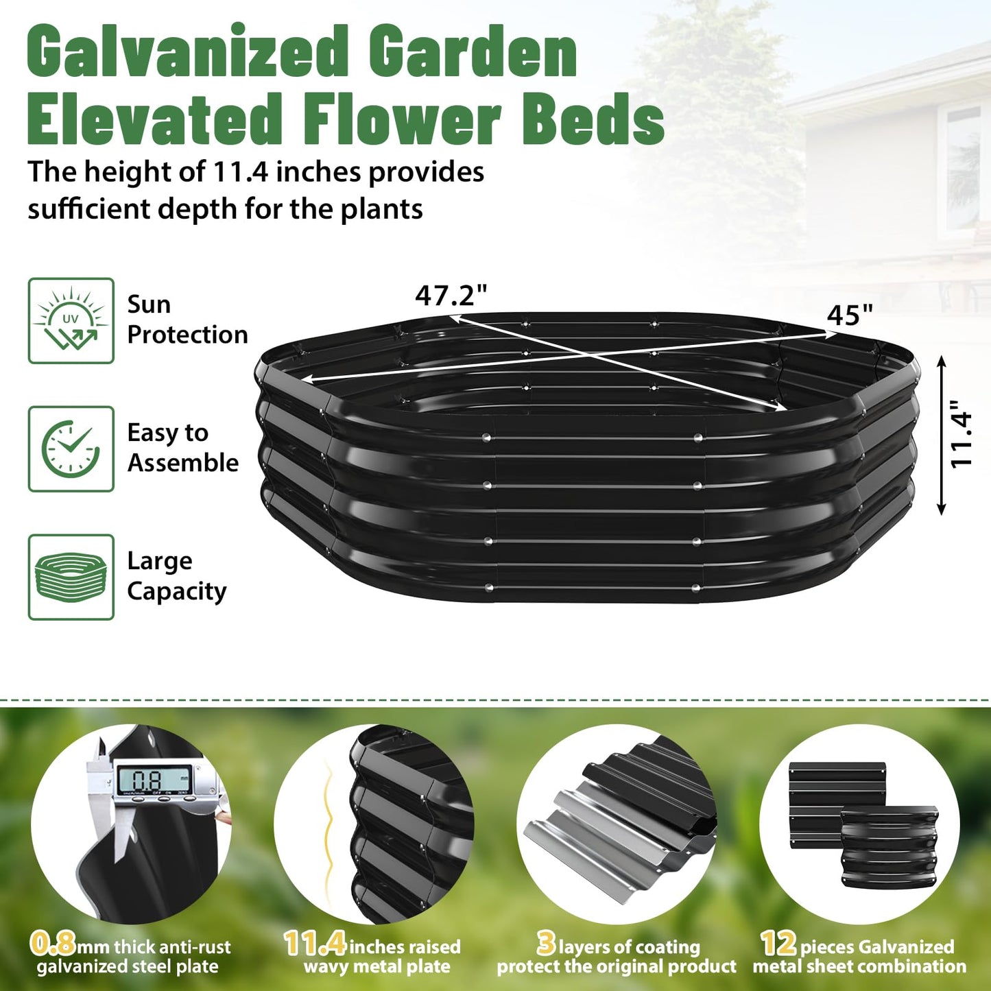 VAMFUTRE Hexagon Raised Garden Bed, 48 Inch Diagonal & 12 Inch Tall, Galvanized Steel Planter Box with Wave-Shaped Metal Panels for Outdoor Flower,Tree,Herb & Vegetable Garden (Black, 4FT X 1FT)