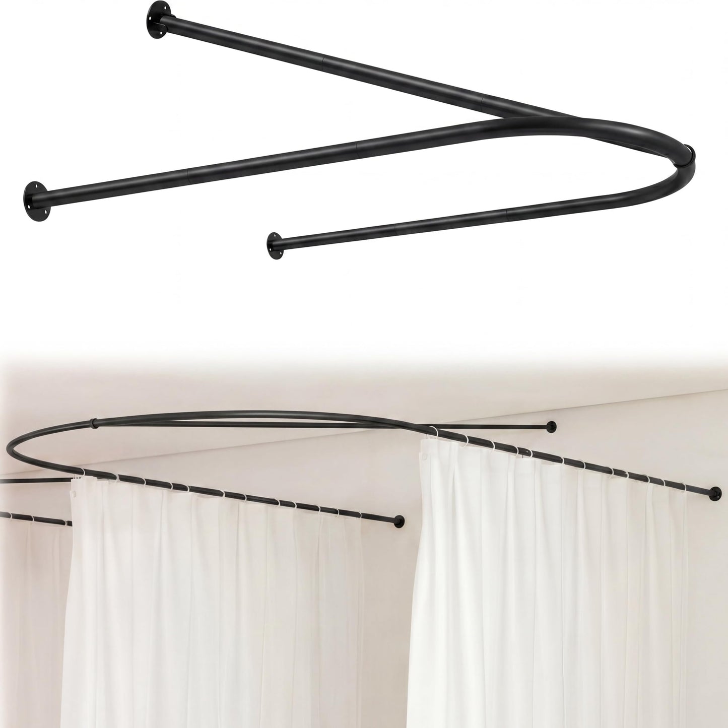 Zonon Black U Shaped Room Divider Curtain Rod 90.55" x 47.24" Rod with Ceiling Support Curtain Track, Privacy Divider, for Beauty Salon, Fitting Room, Hospital, Hotel (No Curtains)