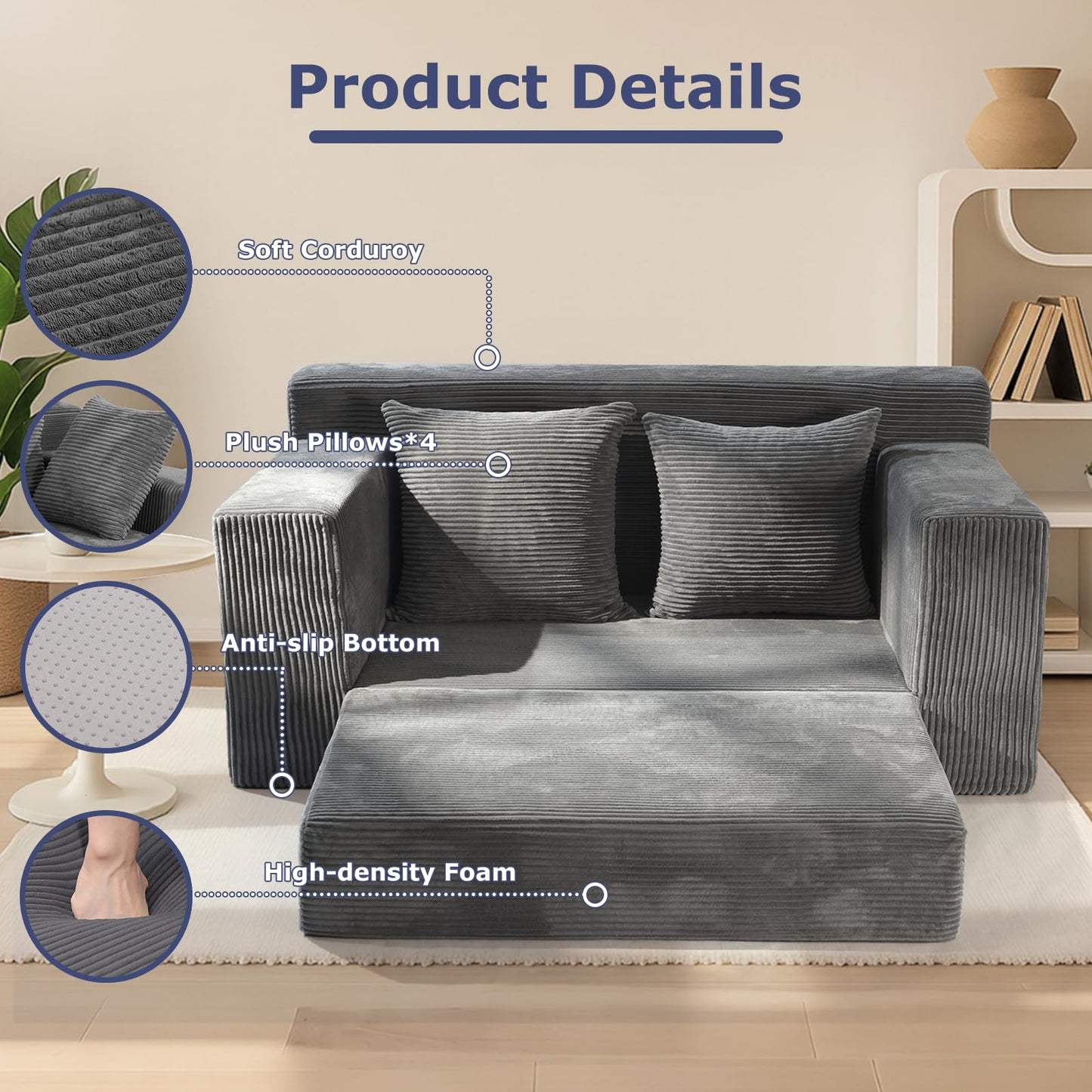 feliz home Convertible Sofa Bed, Boneless Couch Loveseat, 2 in 1 Folding Couch Bed, Fold Out Comfy Floor Futon Sofa with Pillows for Living Room Bedroom, Grey