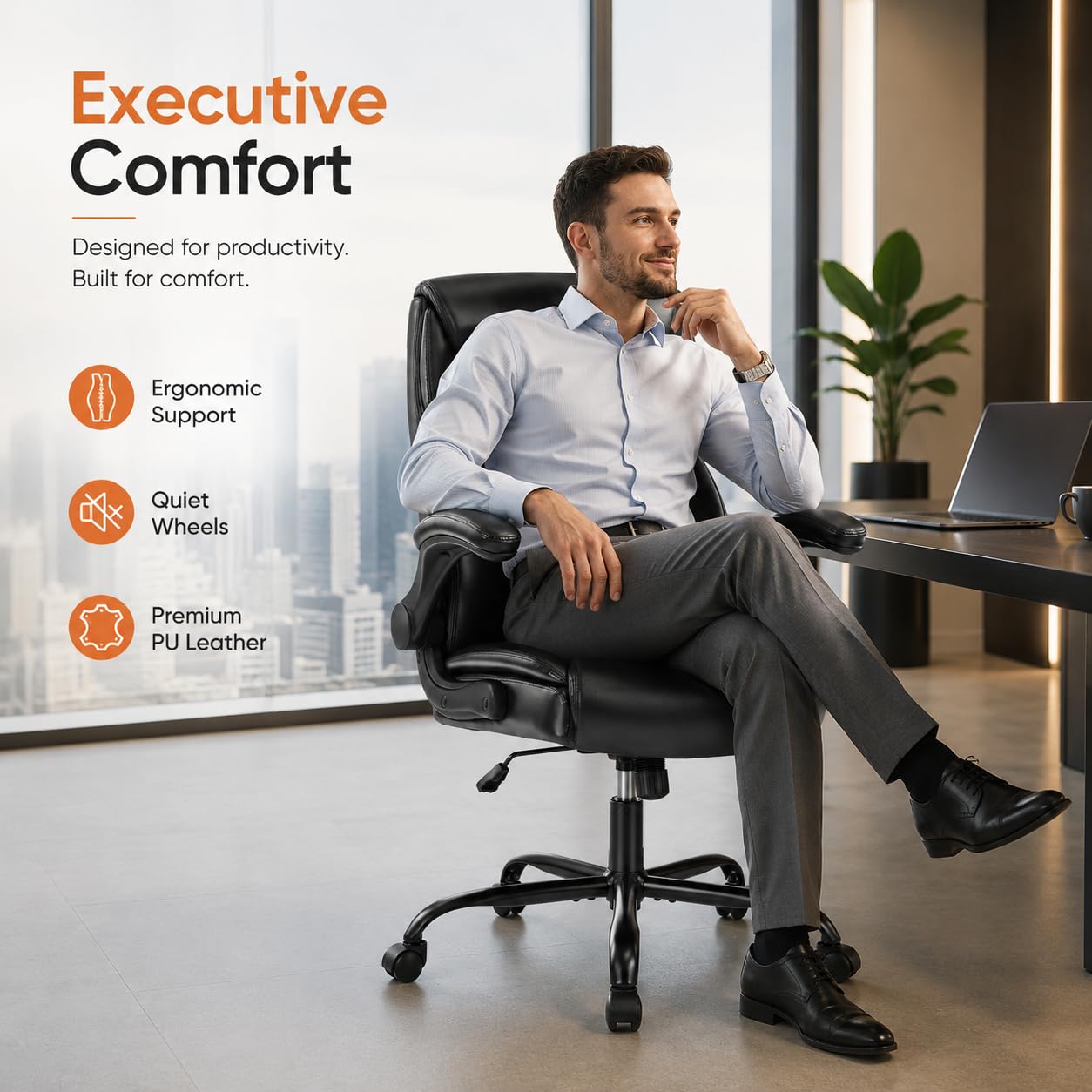 Ergonomic PU Leather Office Chair - Executive Computer Desk Chair with Lumbar Support & Wide Seat, Adjustable Height Task Chair with 360° Swivel & Quiet Wheels for Home Office, Gaming, Black