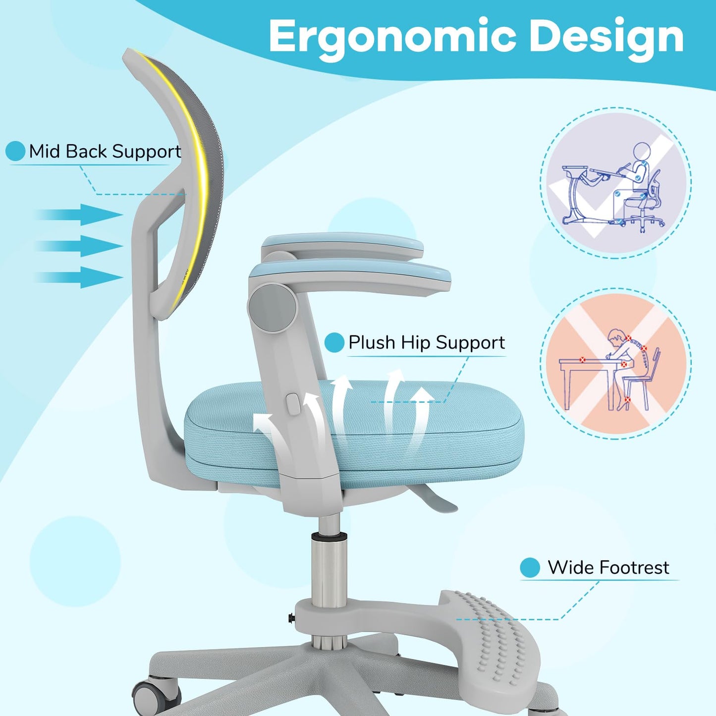 Costzon Kids Desk Chair, Student Ergonomic Computer Chair with Wheels, Footrest, Adjustable Height, Flip-up Armrests & Soft Removable Cushion, Swivel Rolling Kids Office Chair for 3-15 (Blue)