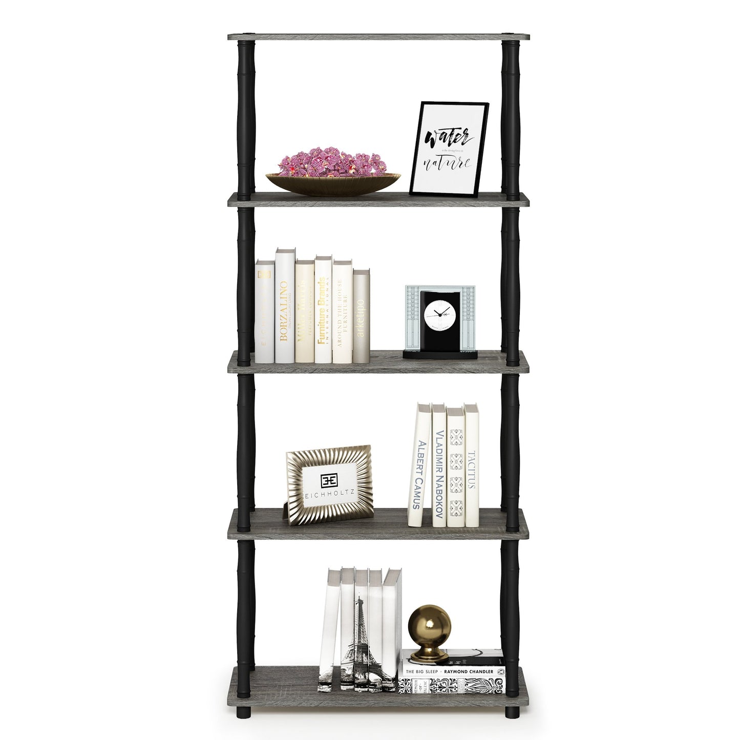 Furinno TURN-S-TUBE Storage Shelves, 5-Tier Book Shelf, Corner Shelf, Toolless Open Shelves, Classic Tubes, for Organization and Storage, Living Room, Garage, Home Office, French Oak