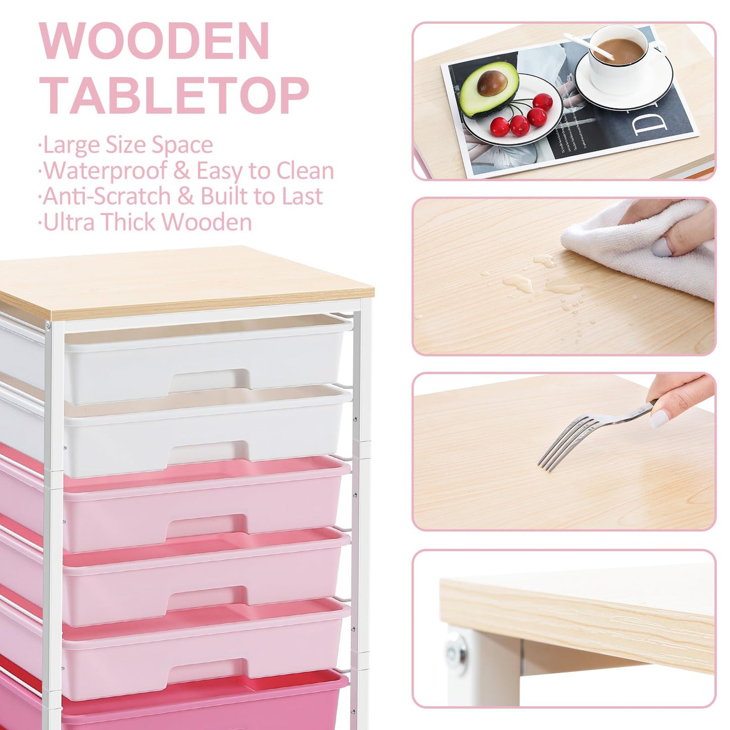Rolling Cart with Drawers,Storage Cart with 8 Drawers and Wooden Tabletop,Utility Cart for Living Room,Classroom, Bedroom,Bathroom,Dorm,Office,Rose Pink