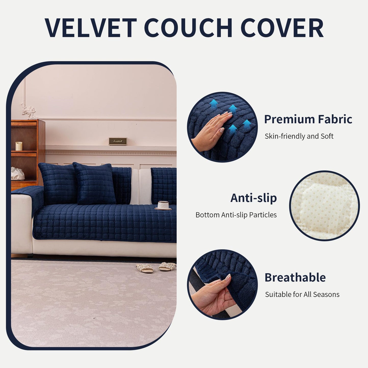 MDSASFD Velvet Couch Cover, Plush Sectional Sofa Cover Washable, Anti Slip Sofa Slipcover for Armrest & Backrest, Furniture Protector Covers for Pets & Kids(1PC,Navy Blue,36"×36")