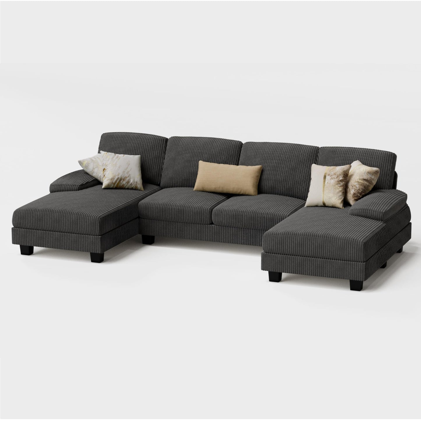Furmax Sectional Couches for Living Room, U-Shaped Sofa Couch with Linen Fabric, 4 Seat Sofa Set with Double Chaise for Apartment (Corduroy, Dark Grey)