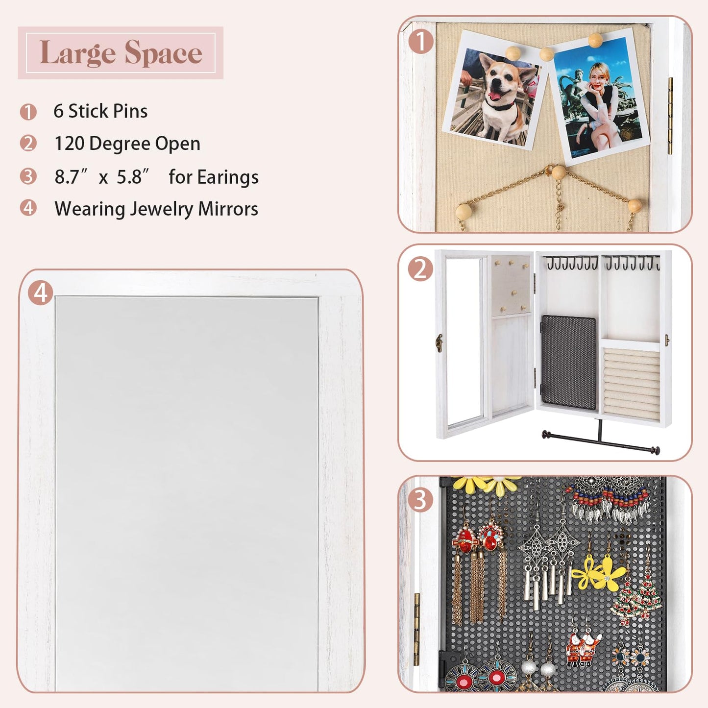 Keebofly Wall Jewelry Organizer Cabinet with Mirror,Rustic Wood Storage for Necklaces, Earrings, Bracelets & Rings, Large-Capacity Hanging Cabinet – White