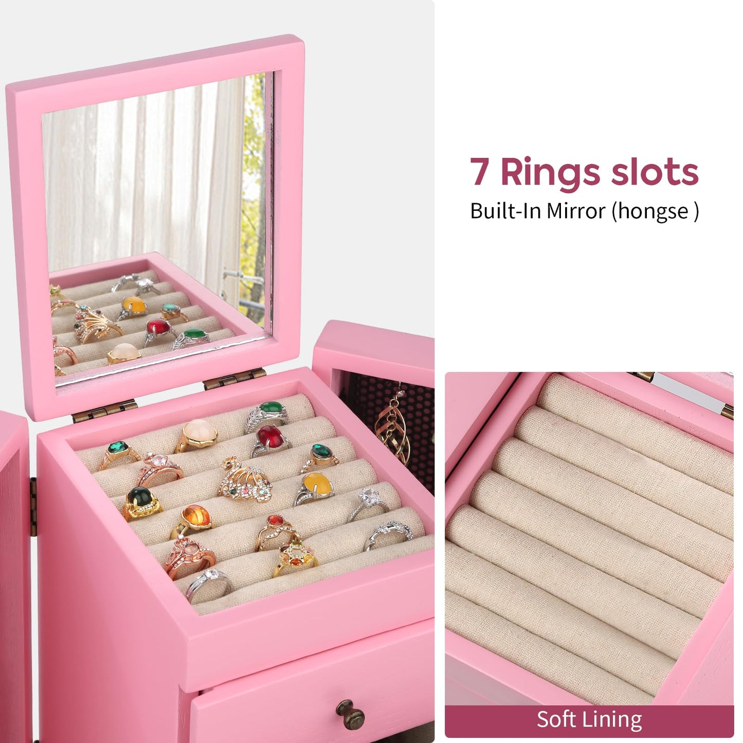 Meangood Jewelry Box Wood for Wowen, 5-Layer Large Organizer Box with Mirror & 4 Drawers for Rings, Earrings, Necklaces, Pink