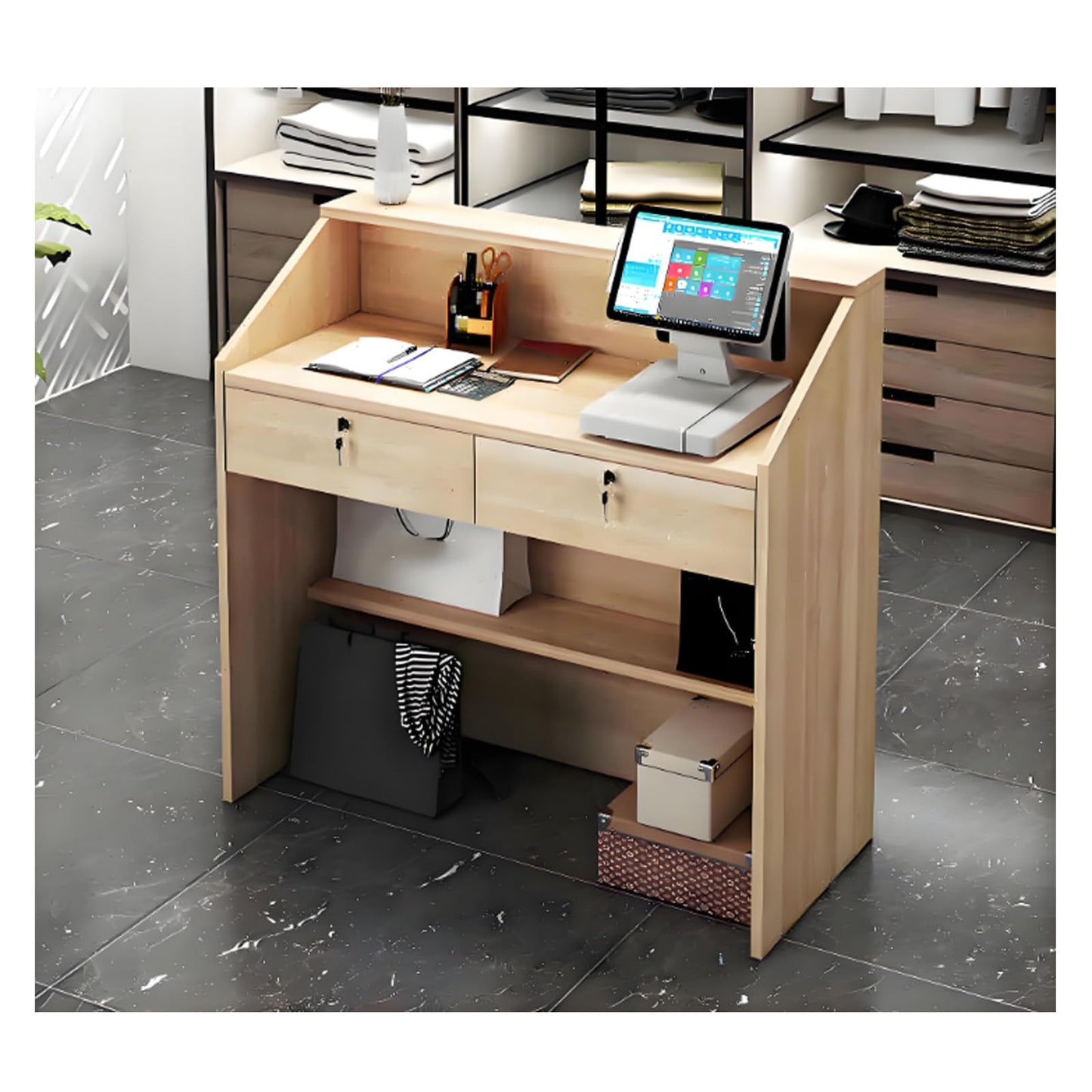 Reception Desk for Spaces with Lockable Drawer, Compact Office Counter Desk Counter Modern Front Lockable Drawers,(Modern Reception Desk for Retail Checkout, Front Office Receptionist Table