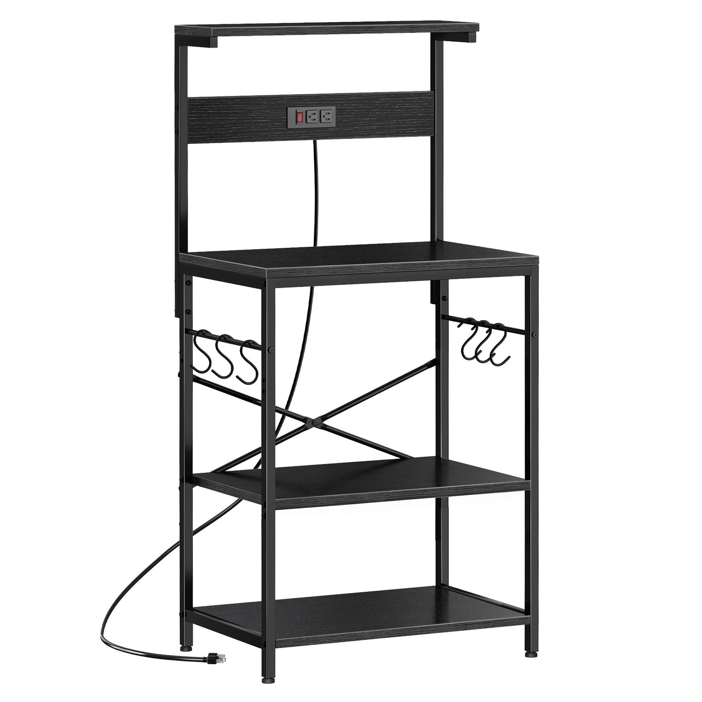 SUPERJARE Kitchen Bakers Rack with Power Outlet, Coffee Bar Table 4 Tiers, Kitchen Microwave Stand with 6 S-shaped Hooks, Storage Shelf Rack for Spices, Pots and Pans - Black