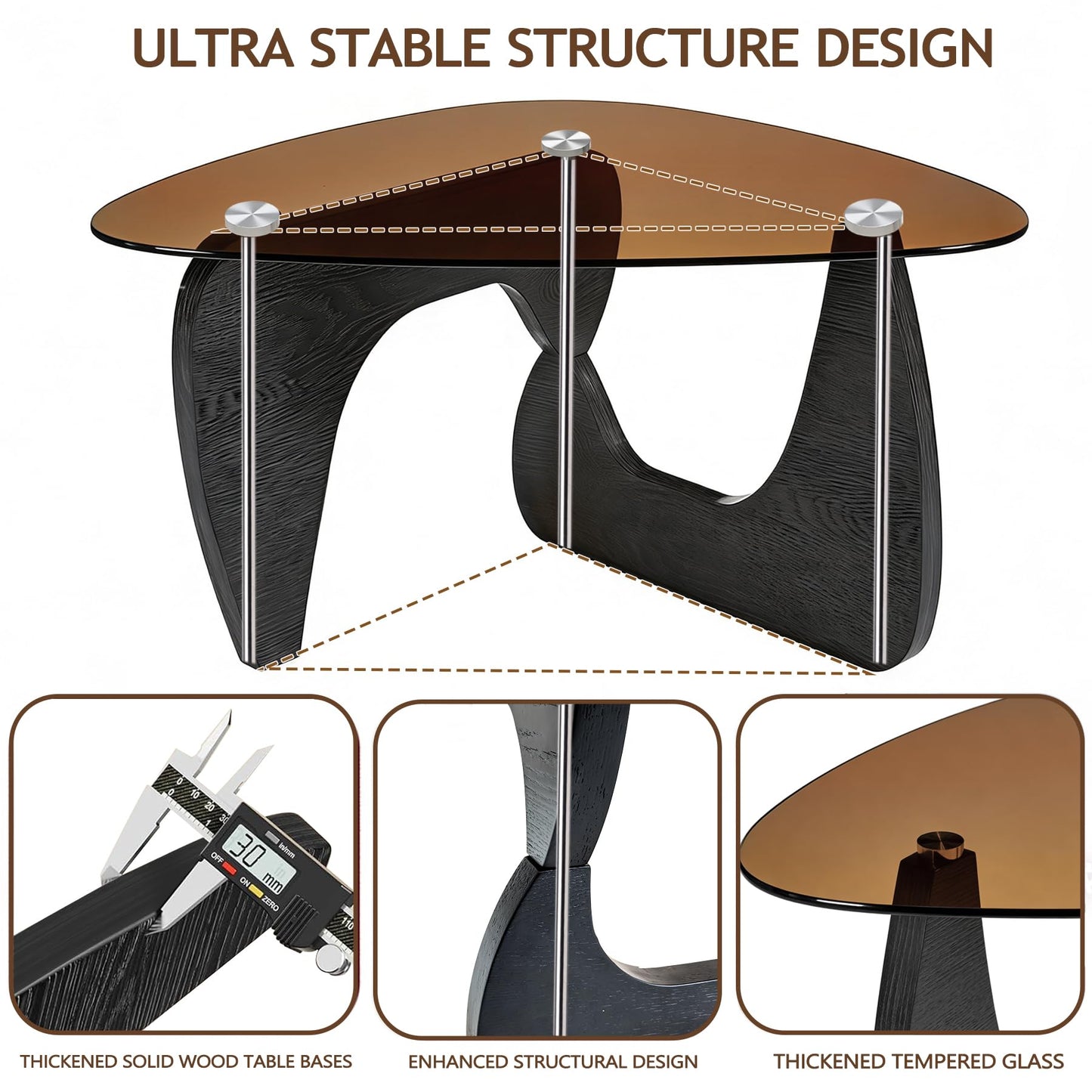Small Coffee Table, Mid Century Modern Black Coffee Table for Living Room, Abstract Center Tables with Brown Tempered Glass Top, Minimalist Tea Cocktail Tables, Easy Assembly