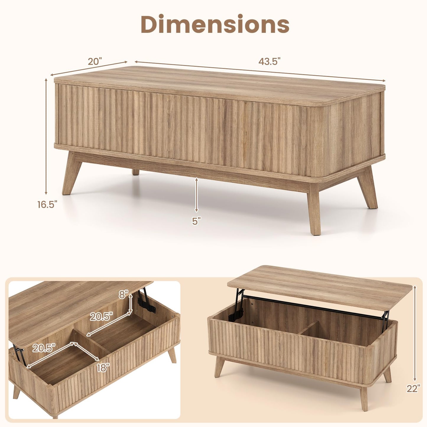 Giantex Lift Top Coffee Table with Storage, 43.5" Mid Century Modern Center Table with Solid Wood Leg & Hidden Compartment, Minimalist Fluted Living Room Table for Home Office, Oak