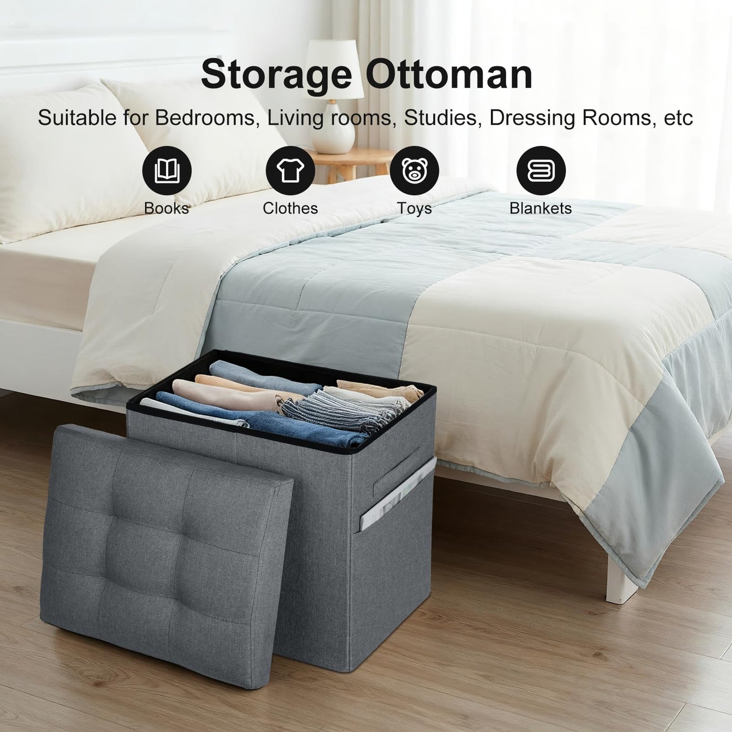 Storage Ottoman with Thicker Foam Padded Seat. 61L Slim Tall Foldable Foot Rest Stool with Linen Fabric, Ottoman with Storage Bench for Living Room Bedroom, 300lbs Weight Support, 17x13x17IN Dark Gray
