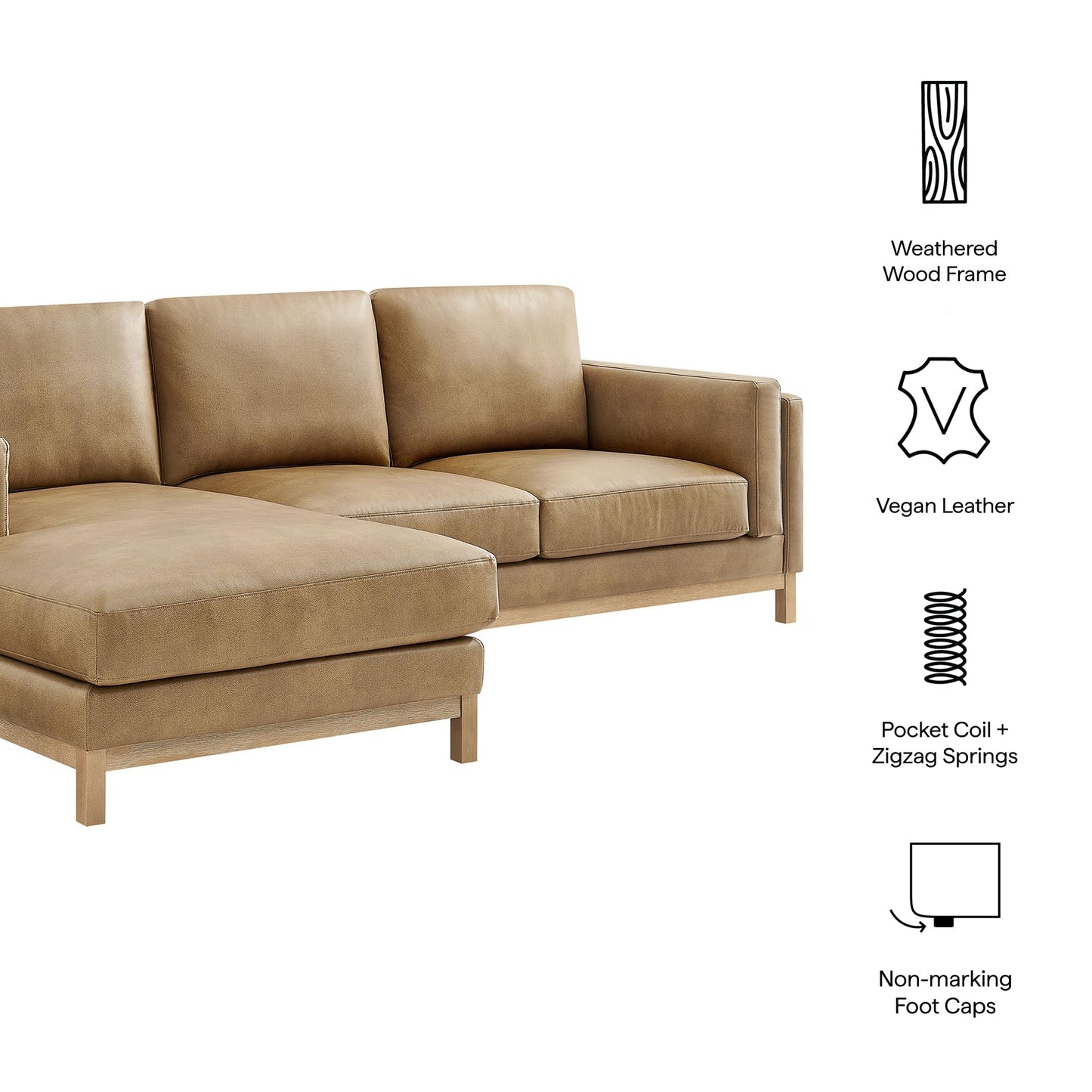 Modway Roscoe Left-Facing Sectional Sofa with Chaise in Toast - 2-Piece Faux Leather Upholstered Deep Seat Couch, L Shaped Modular for Living Room or Lounge