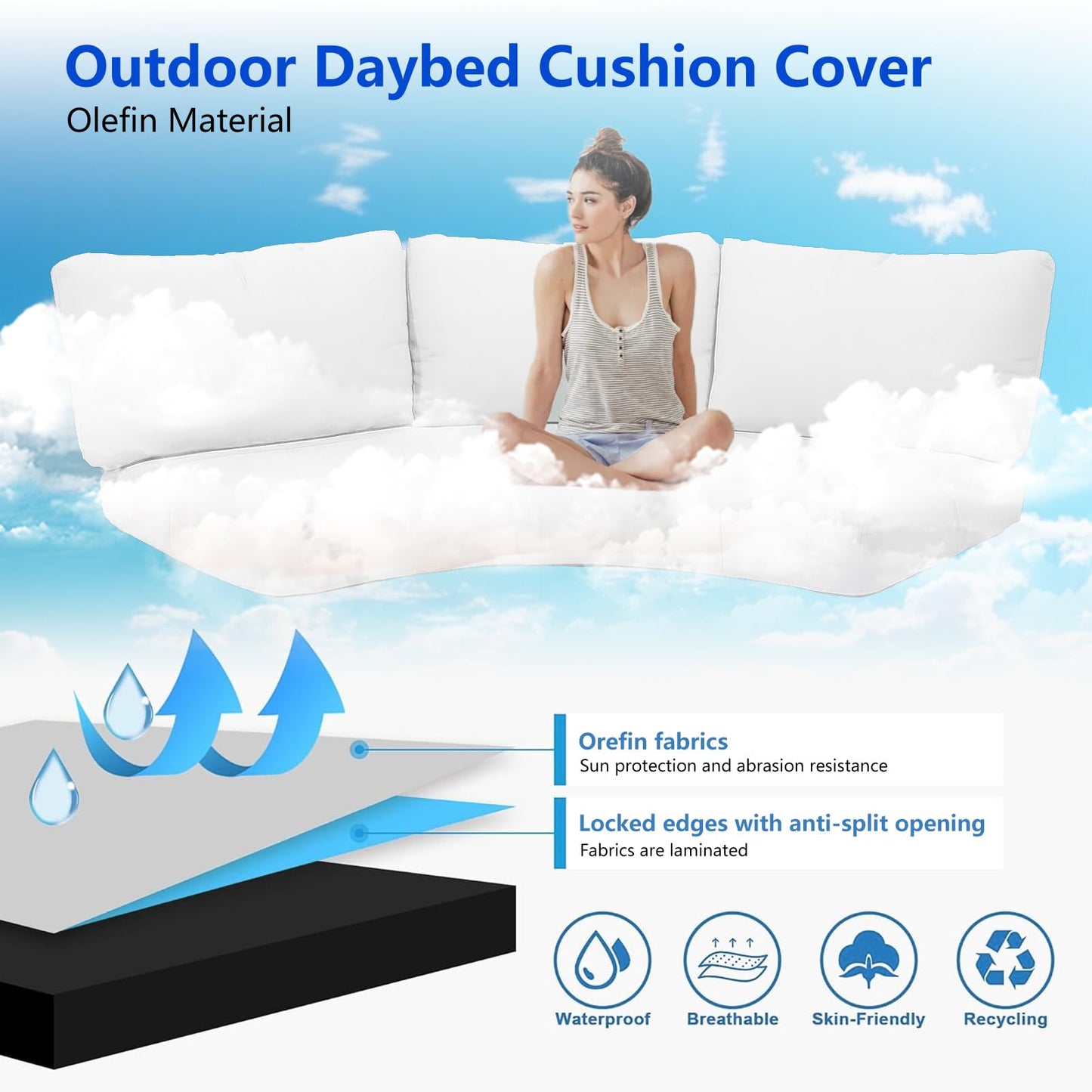MFPMTUXO Outdoor Curved Sofa Cushion Cover with Zipper & Anti-Slip Particles, Half Moon Patio Furniture Cushions Covers Waterproof, Olefin Fabric-ONLY Cover (White, 77/40 * 28 * 5.3inch)