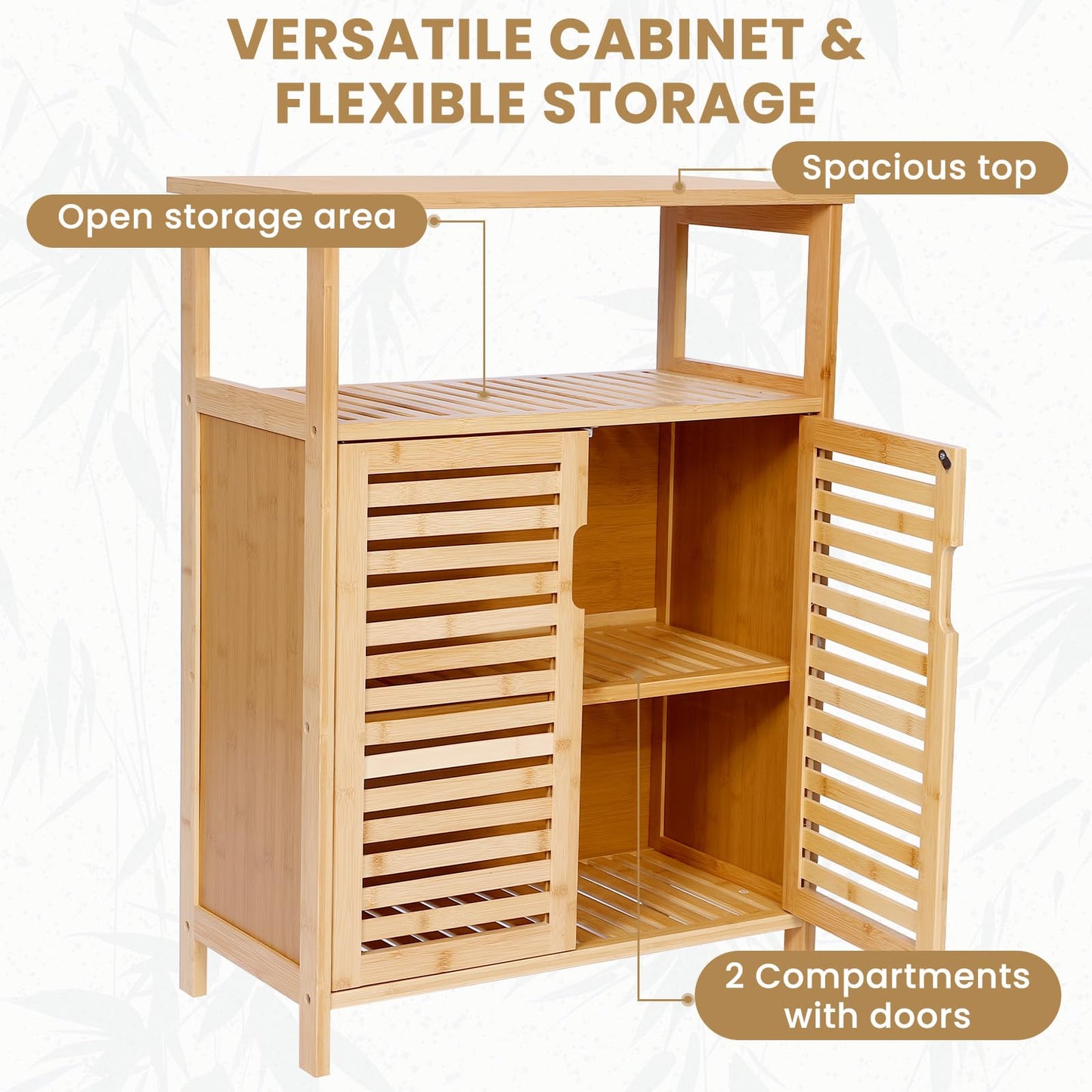 Bambition Bamboo Storage Cabinet with Doors, Floor Freestanding Cabinet with Shelves for Bathroom, Kitchen, Living Room