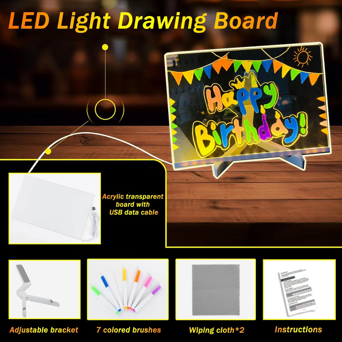 LED Note Board with Colors, Light Up Acrylic Message Board, Glowing Acrylic Dry Erase Board with Light, Led Drawing Board with Stand, 7 Markers (Medium 7.9 * 7.9 inches)