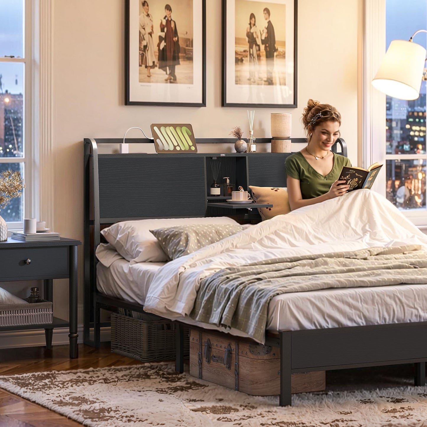 MAHANCRIS Headboard Queen Size Only, Headboard with 2 Power Strips, Industrial Head Board with Flip Door and Bed Frame Adapter, Height Adjustable, Black