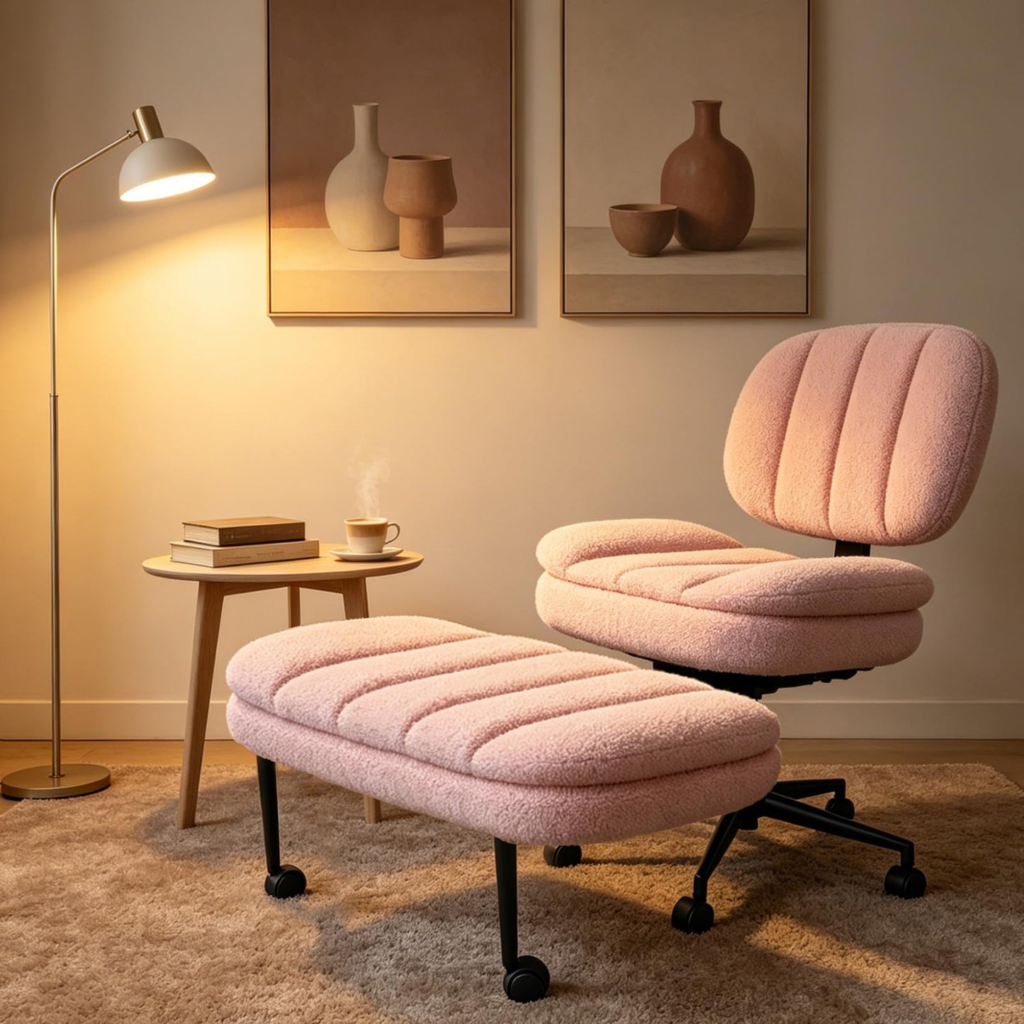 Ergonomic Cross Legged Office Chair with Footrest, 360° Swivel Height Adjustable Faux Shearling Criss Cross Chair, Wide Seat & Back Support for Home Office, ADHD, Pink