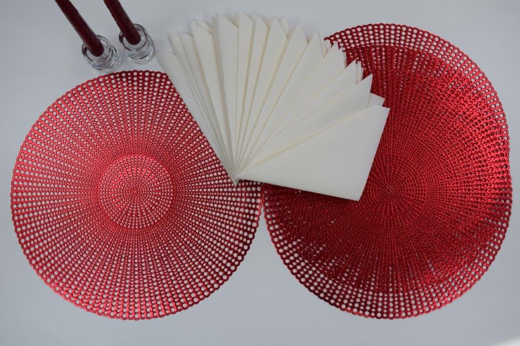 16" Round Placemats (Set of 4), 12 Prefolded 3 ply Napkins, 2 Matching Taper Candles, 2 Glass Candle Holders (Black)