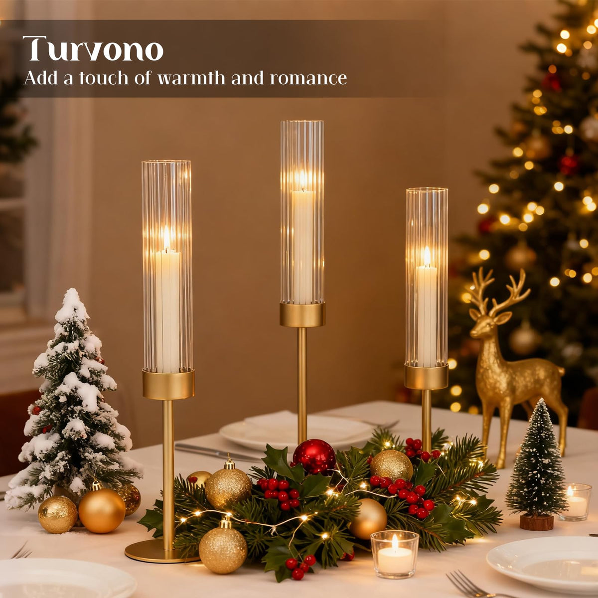 Turvono Gold Hurricane Candle Holders Set of 6, Brass Metal Candlestick Holders for Taper Candles, Modern Table Centerpiece Decor for Wedding, Party & Holiday Decorations