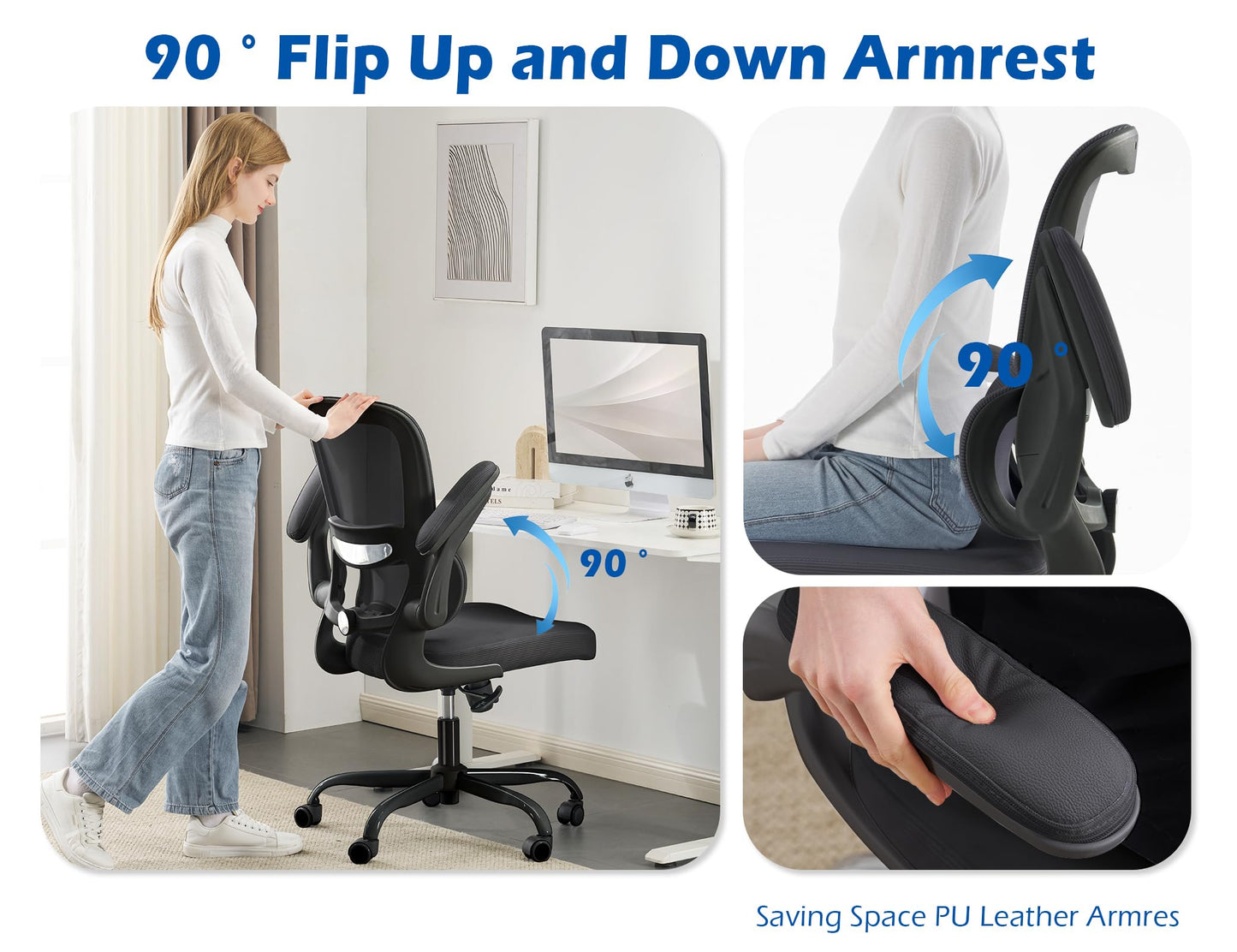 TRALT Ergonomic Office Chair - Desk Chair with Adjustable Lumbar Support Computer Chair - Mesh Comfy Chair with Flip-up Armrests - Gaming Chairs for Adults Home Office (Leather, Black)
