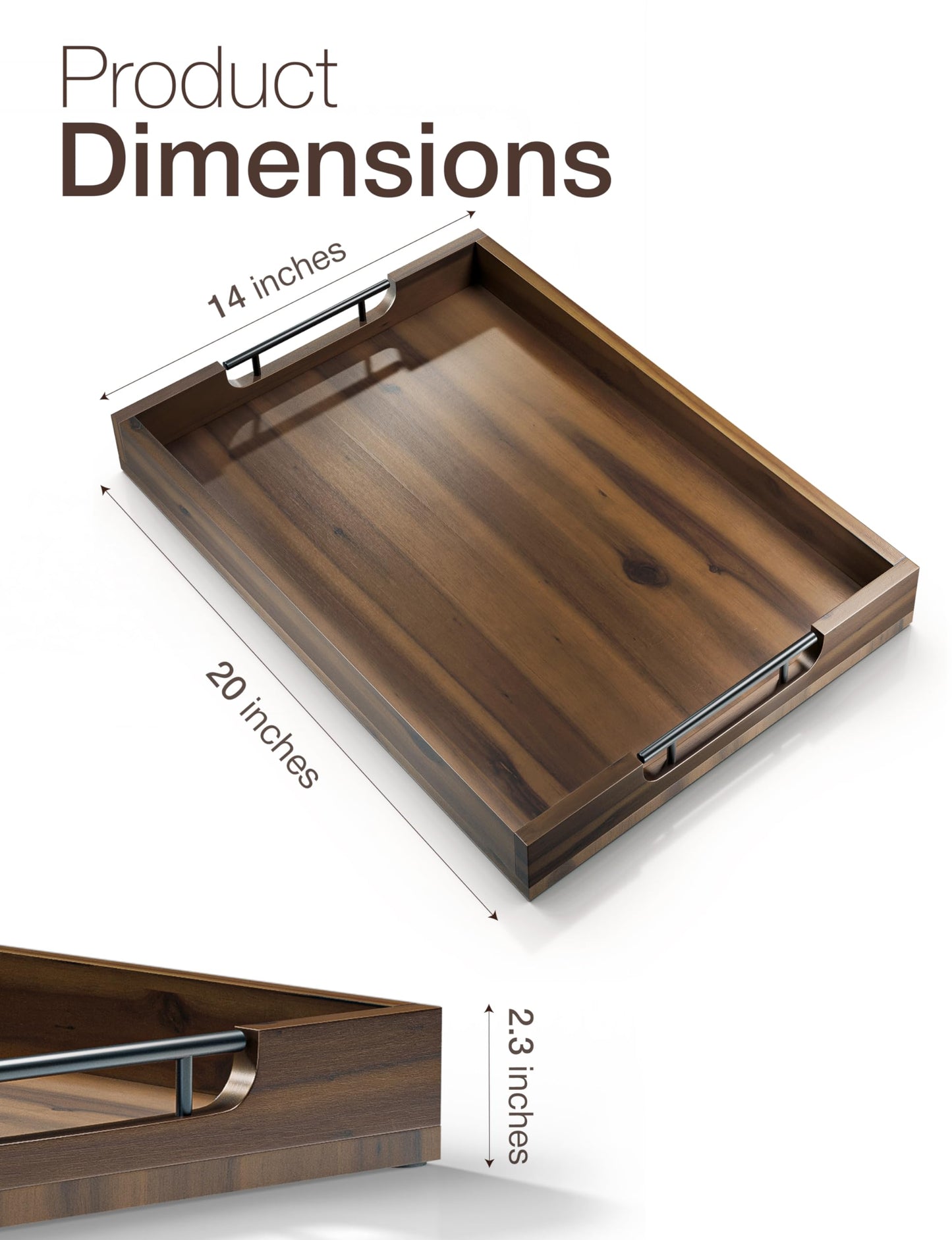 TIDITA 20 x 14 Inch Large Wooden Tray for Ottoman – Large Ottoman Tray for Living Room, Decorative Serving Tray with Handles, for Coffee Table, Kitchen Counter & Home Decor