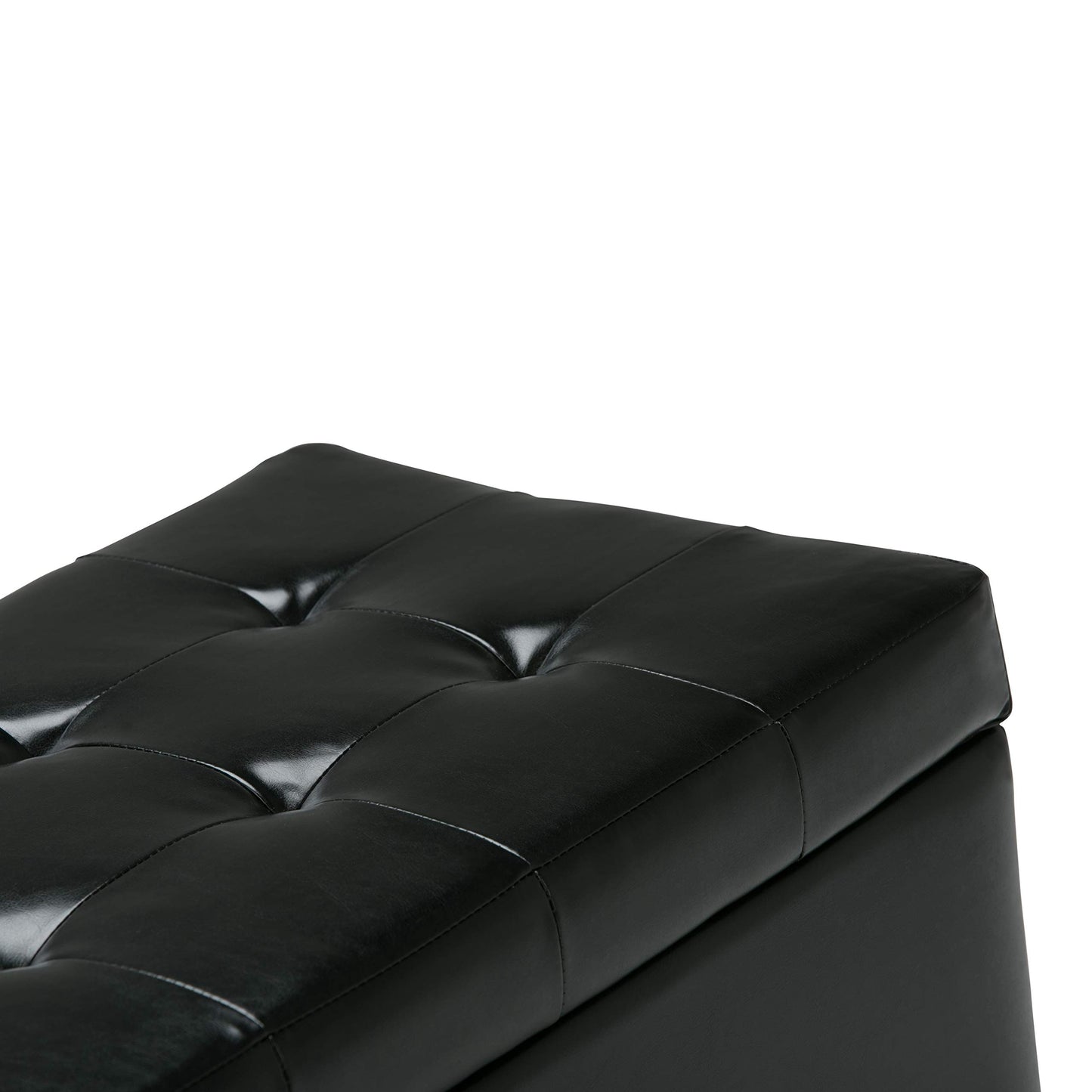 SIMPLIHOME Cosmopolitan Storage Ottoman - 34 inch Wide Upholstered Vegan Leather Rectangle Storage Ottoman Bench in Midnight Black, Transitional Tufted Ottoman for Living Room with Lift-Up Lid