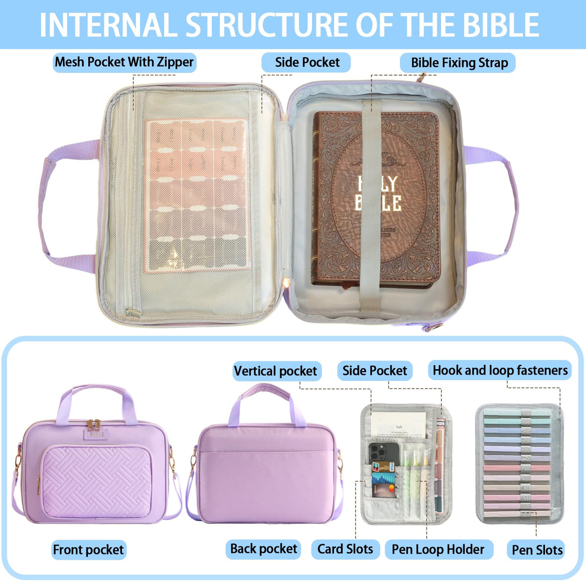 Bible Cover for Women Bible Case, Large Bible Bag, Bible Study Supplies Bible Journaling Kit Book Carrying Case with Bible Highlighters Tabs, Valentines Day Christian Gifts for Women (Purple)