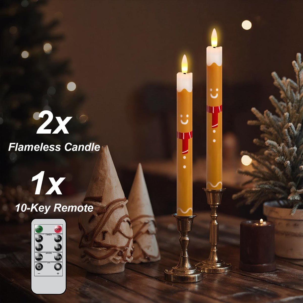 Lasumora Gingerbread Man LED Flameless Taper Candles, 2 Pack with 6H Timer, 3D Flickering Flame, Plastic, Brown