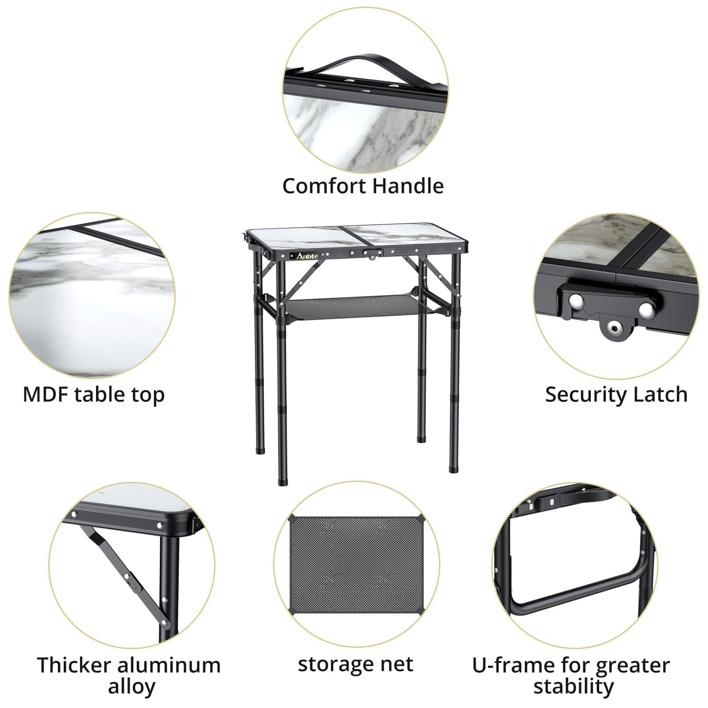 Anbte Folding Camping Table with Storage Net, 3 Adjustable Height Max 27.5" Aluminum Small Folding Table, Portable Table with Carry Handle, Lightweight, for Outdoor Indoor Travel Camping Picnic