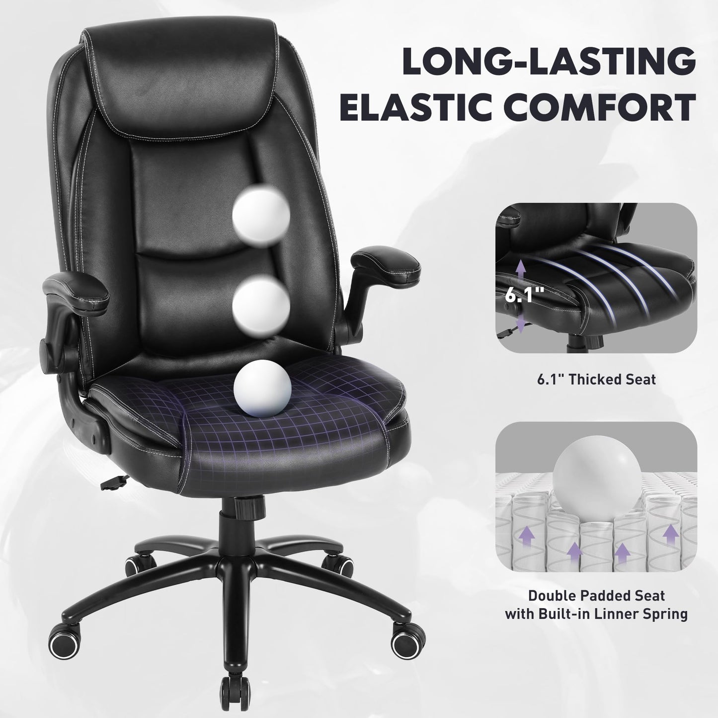 MALOL PU Leather Ergonomic Office Chair -Adjustable Height & Tilt Tension, 300lbs Thick Padded Seat Executive Desk Chair with Flip-Up Armrests & Reclining Backrest, Black