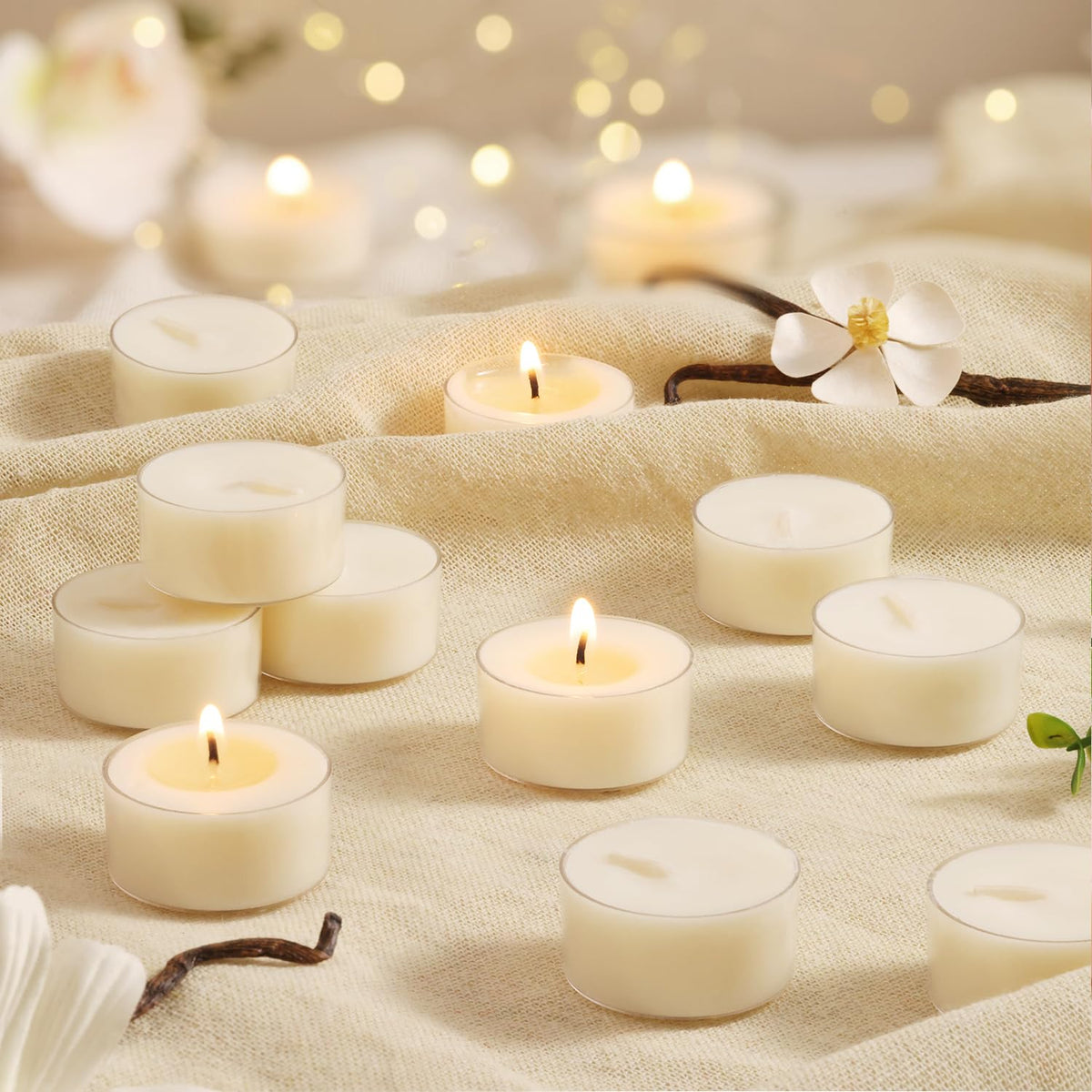 Scented Tea Lights Candles, Vanilla Embrace, 48 Pack – 100% Palm Wax Scented Tealights, Ivory Color, 6 Hour Long Burning, Vanilla Aromatherapy Tea Lights Candles for Relaxation, Home, Spa, Events