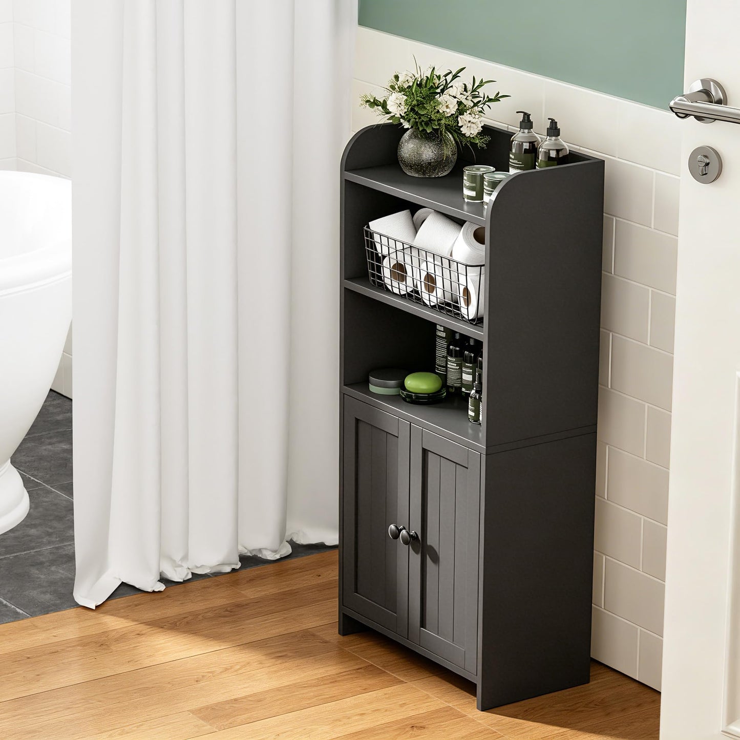 Cerlyunzan Small Bathroom Storage Cabinet, Freestanding Bathroom Cabinet and Organizer with Shelves, Small Cabinet with Doors for Bathroom, Laundry Room, 7.9" D x 14.6" W x 31" H, Black