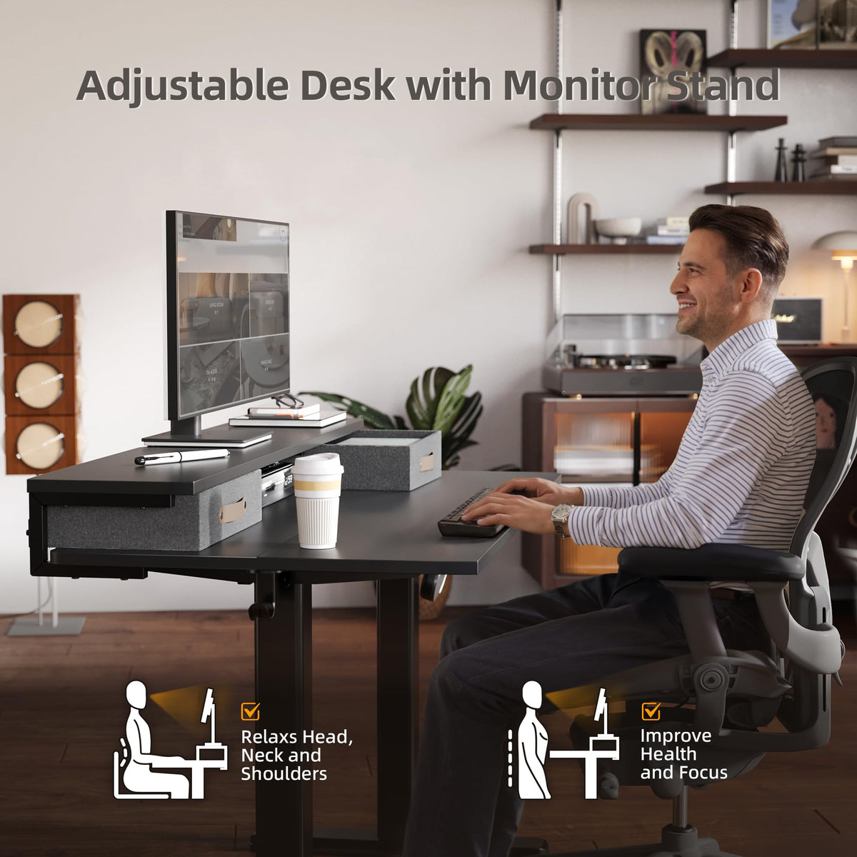 Claiks 48 Inch Electric Standing Desk with 2 Drawers, Adjustable Height Computer Table with Monitor Shelf, Scratch-Resistant Particleboard Desk with Hooks, Black