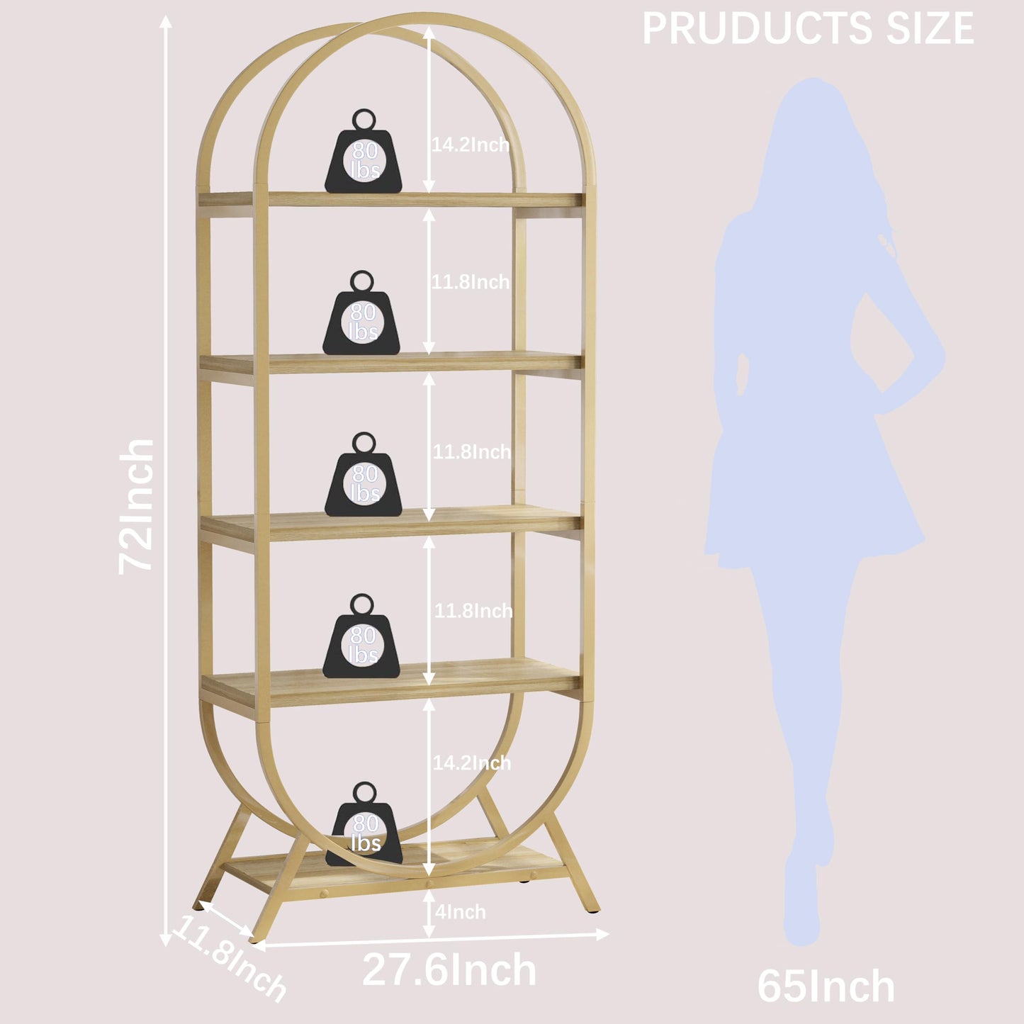BIASUNS Arched Bookshelf,5-Tier Tall Wide Open Bookshelf,Modern Brown Storage Bookshelves, Freestanding Display Rack Shelving Unit for Office, Bedroom, Living Room, Easy Assembly, Brown