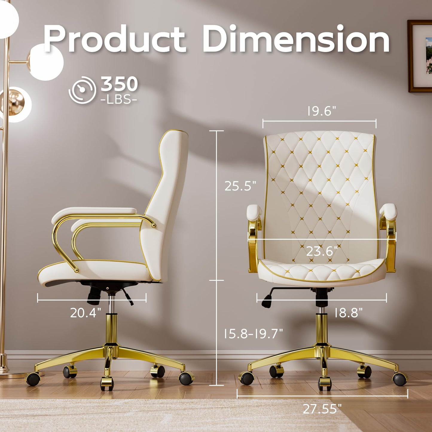 HomeZeer White and Gold Office Chair with Soft Leather Embroidery, Mid Back Vintage Swivel Executive Desk Chair with Wheels and Padded Arms, Adjustable Height