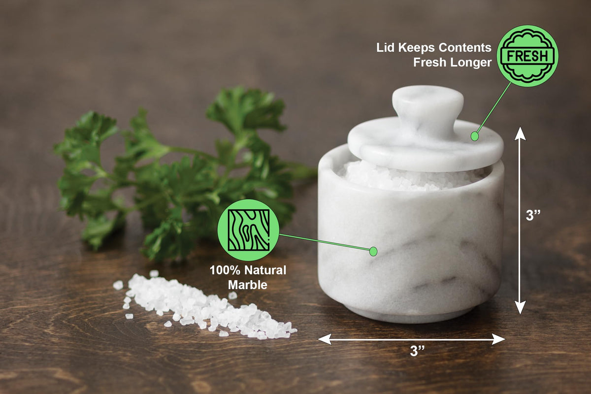 Fox Run Marble Salt Cellar With Lid, 3" x 3" White Salt Holder With Lid