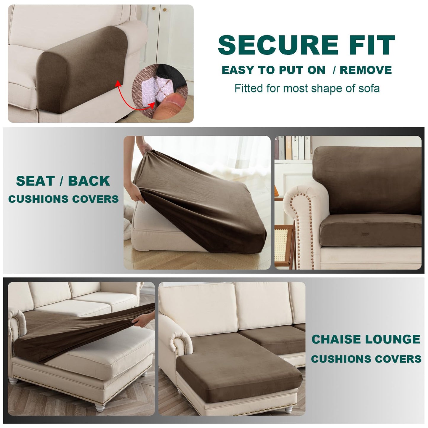 10 Pieces Sofa Cushion Covers for U-Shaped Modular Sectional Couch with 4 Seat+4 Back+2 Arms, Stretch Velvet Upholstered Covers for Sofa Bed with Deep Double Chaise (Camel,Universal (10 Pieces))