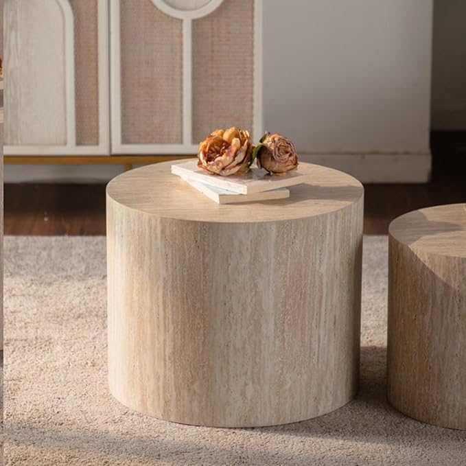 Round Wooden Nesting Coffee Table Set of 2, Circle Modern Accent End Side Table