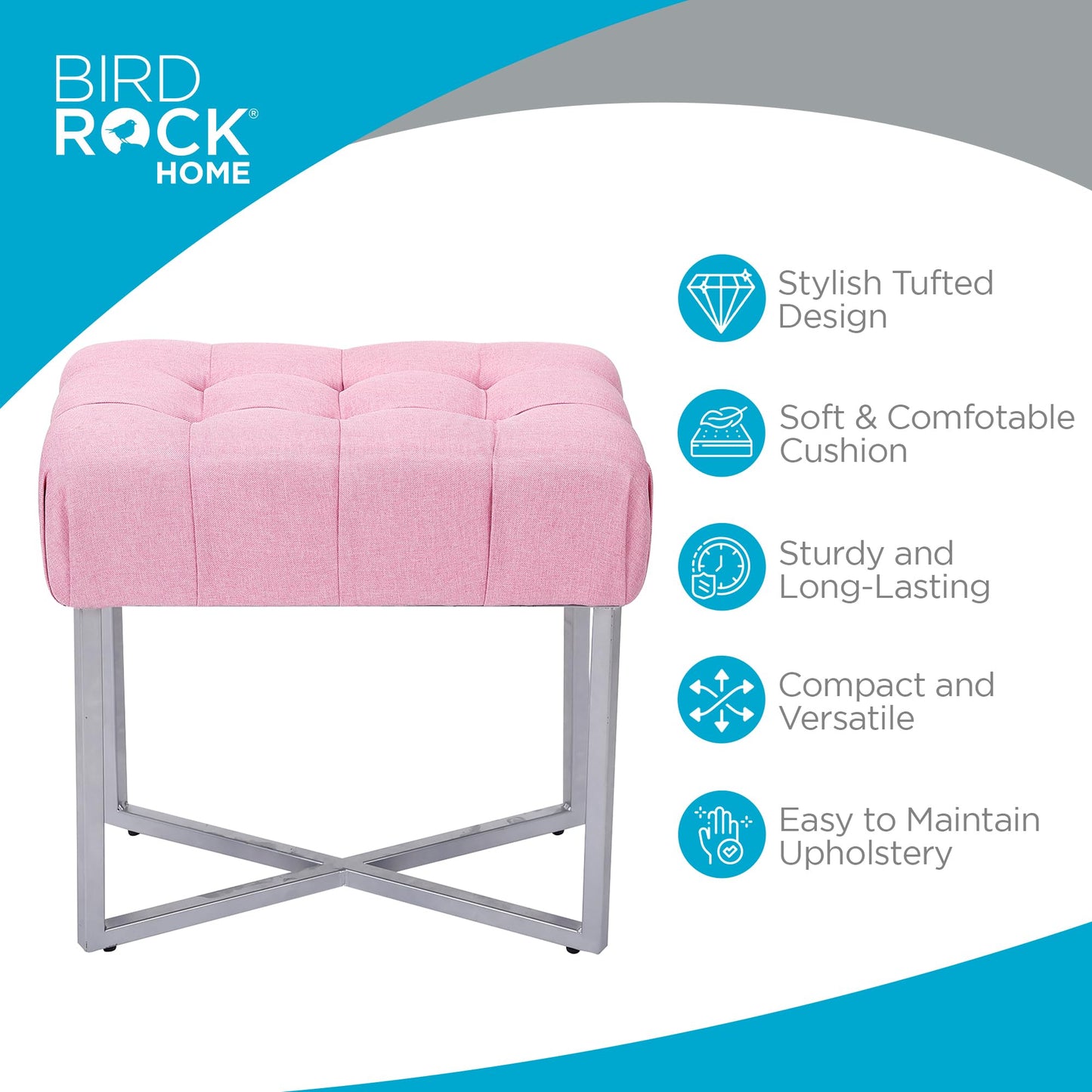 BIRDROCK HOME Rectangle Tufted Linen Ottoman Foot Rest - 19.7x11.82x17.73” Small Foot Stool with Legs - Padded Footrest Modern Ottomans for Living Room Furniture, Bedroom Footstool (Pink)
