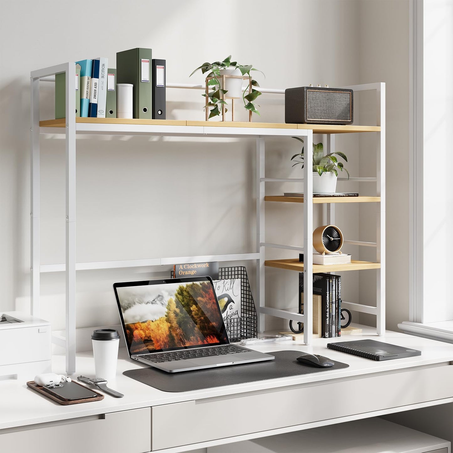 HavenlyYouth Desk Shelf, 38.6 Inch Wood Desk Organizer Shelf for Computer Monitor, Desk Hutch Storage, Desktop Shelf for Top of Desk, 3 Tier Desktop Bookshelf for Home Office Dorm, White
