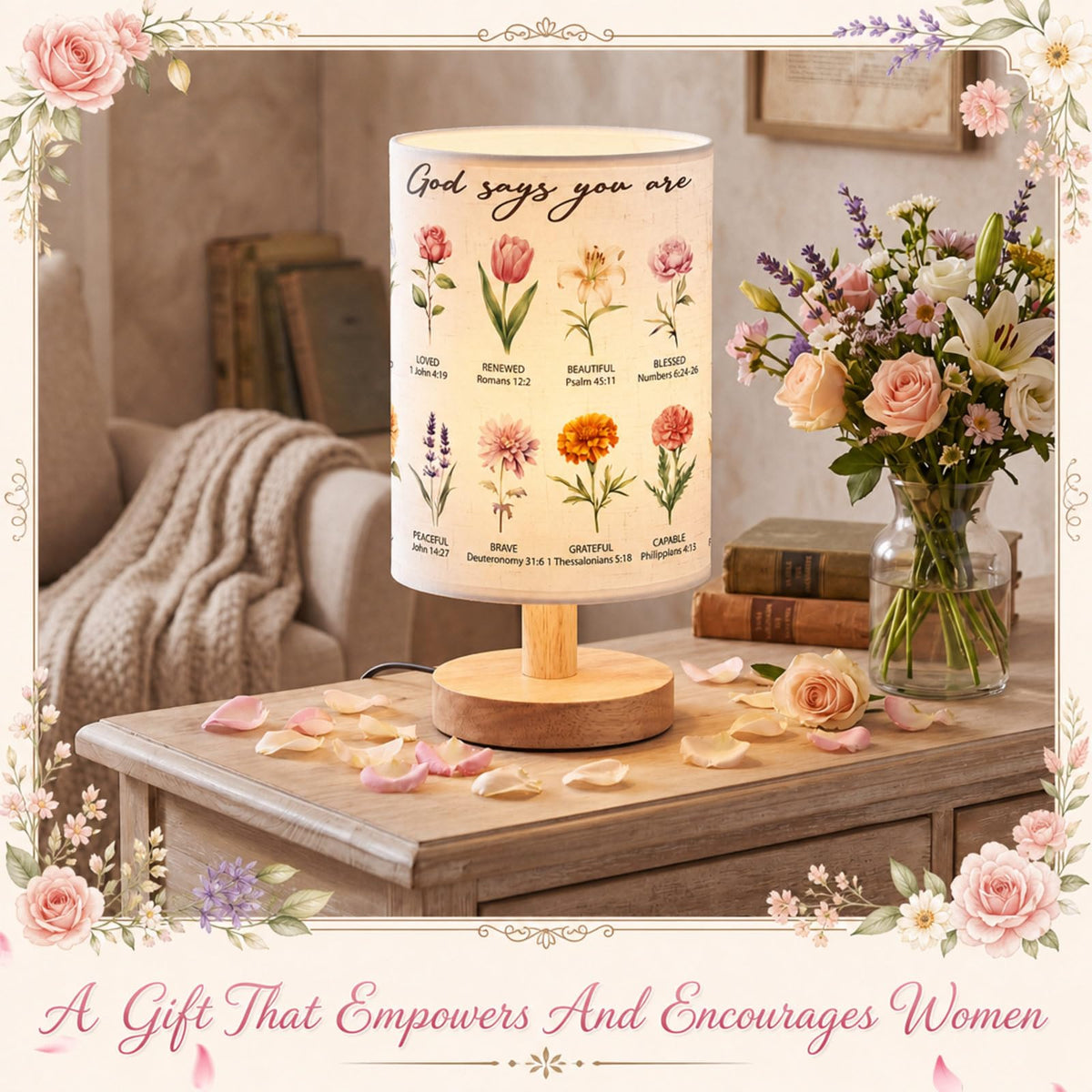 Gerrii Christian Gifts for Women Floral Table Lamp with Bible Verses, 9.6" Small Boho Bedside Lamp with Wooden Base, Religious Room Decor for Mom Friends Birthday Christmas