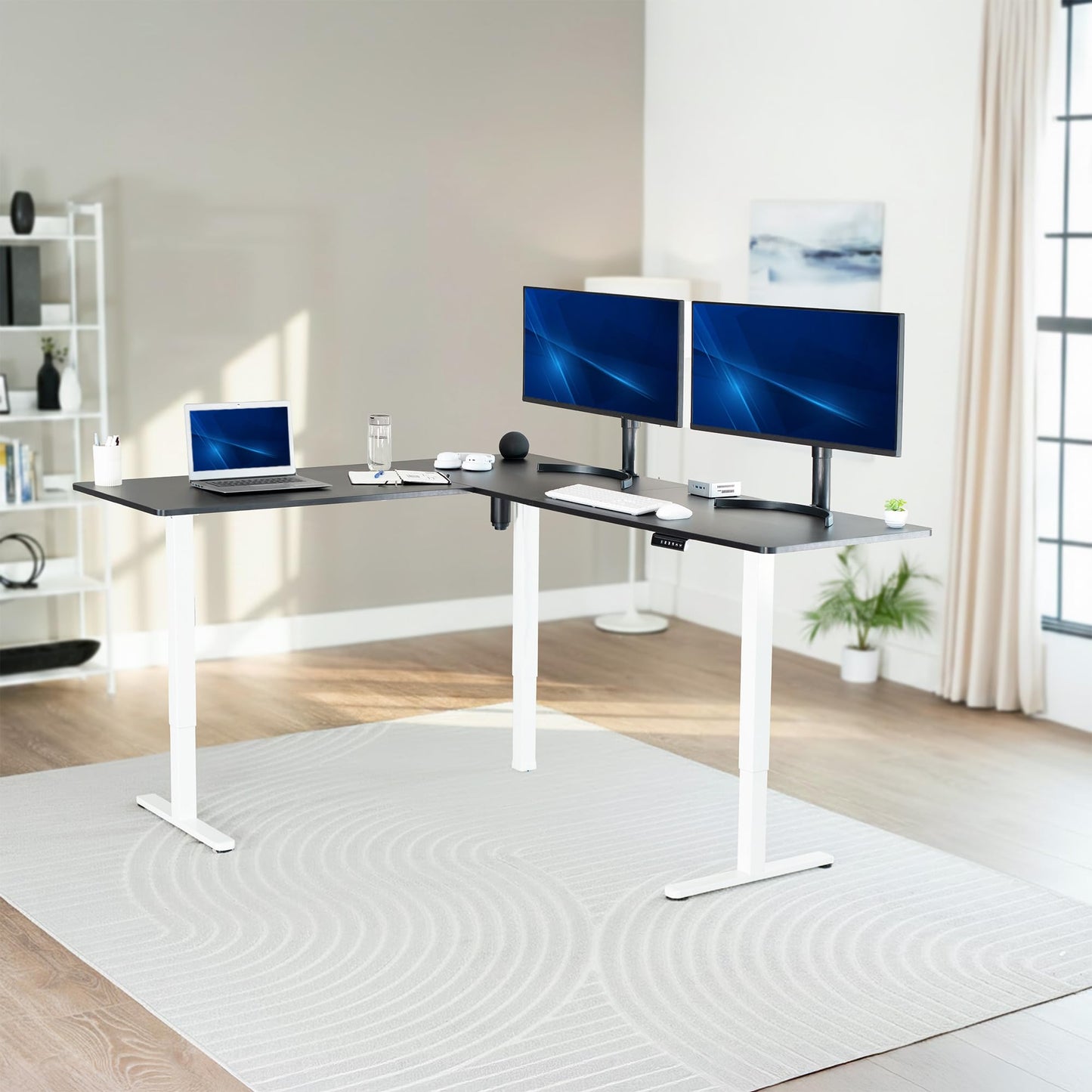 VIVO Corner Standing Desk, 75 x 63 inch Reversible L-Shaped Workstation, Electric Height Adjustment, Home, Office, and Reception Rooms, Black Table Top White Frame, DESK-E3CTWB-75