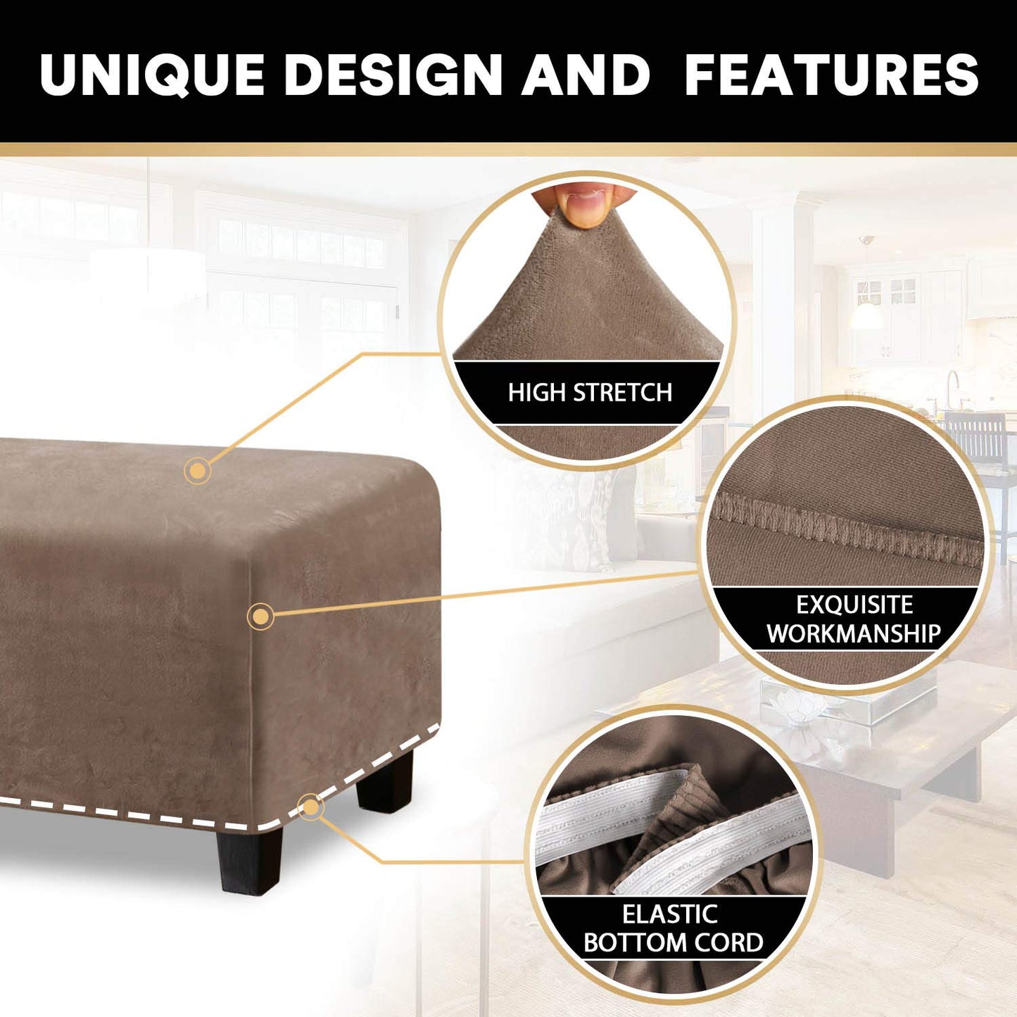 PrinceDeco Real Velvet Plush Ottoman Cover Soft Rectangle Folding Storage Covers Furniture Protector Removable Footstool Protect Footrest Covers Elastic Bottom(Large, Taupe)